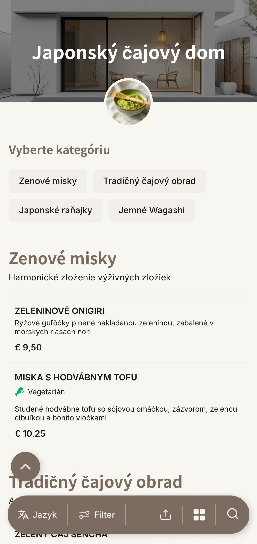 Minimalistický dizajn inšpirovaný japonskou estetikou pre čajovne a zenové kaviarne.