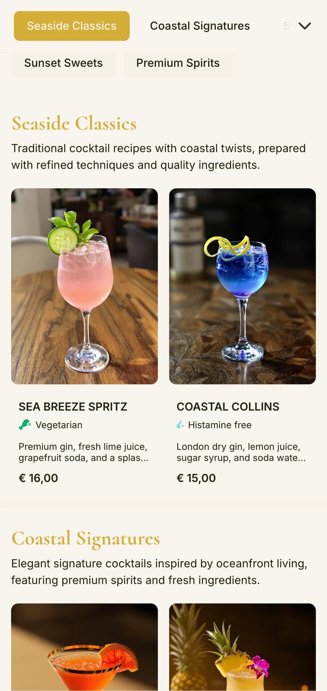 A sophisticated, coastal-inspired design for upscale beach and resort bars featuring elegant typography and gold accents.
