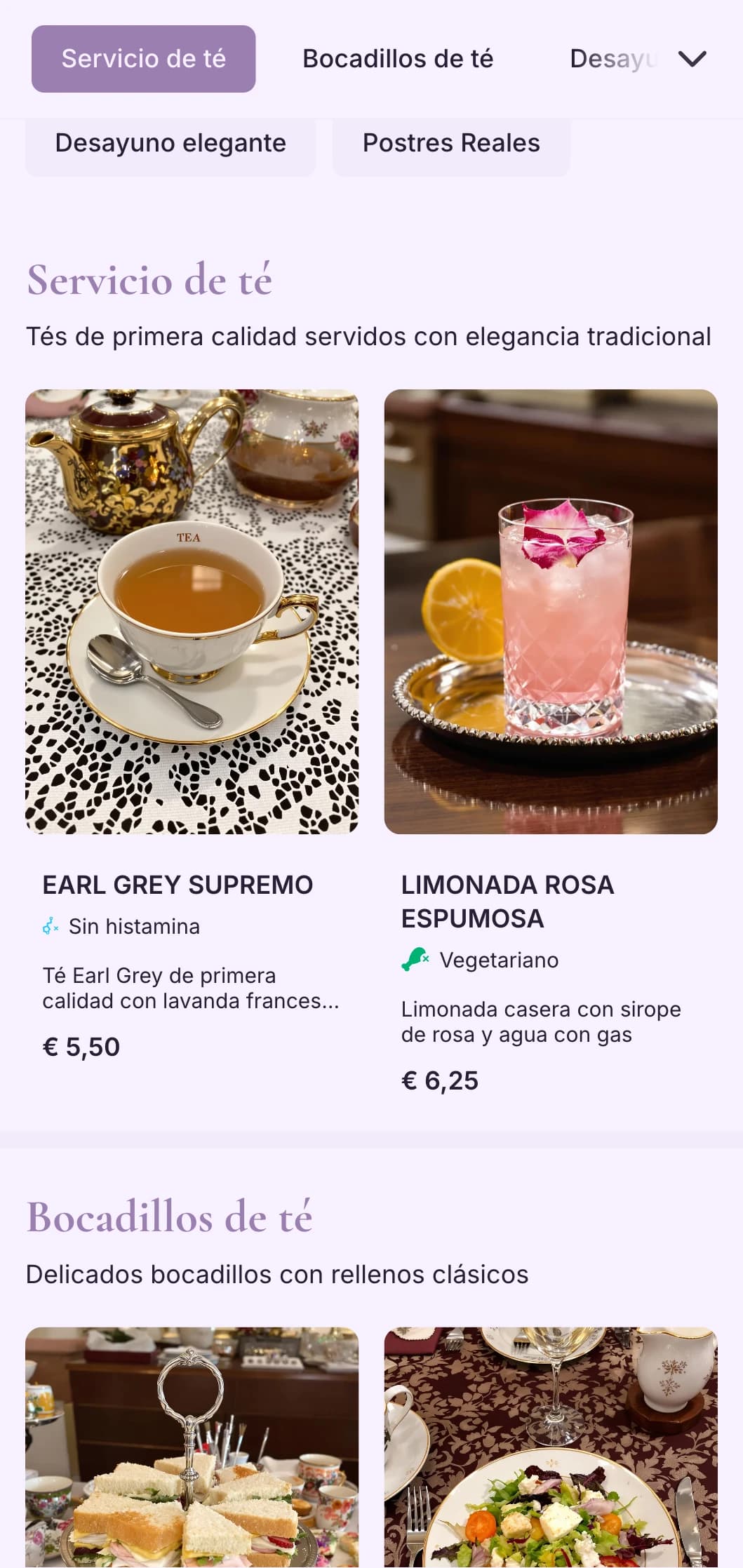 Sofisticado diseño morado para servicios de té de lujo y elegantes pastelerías.