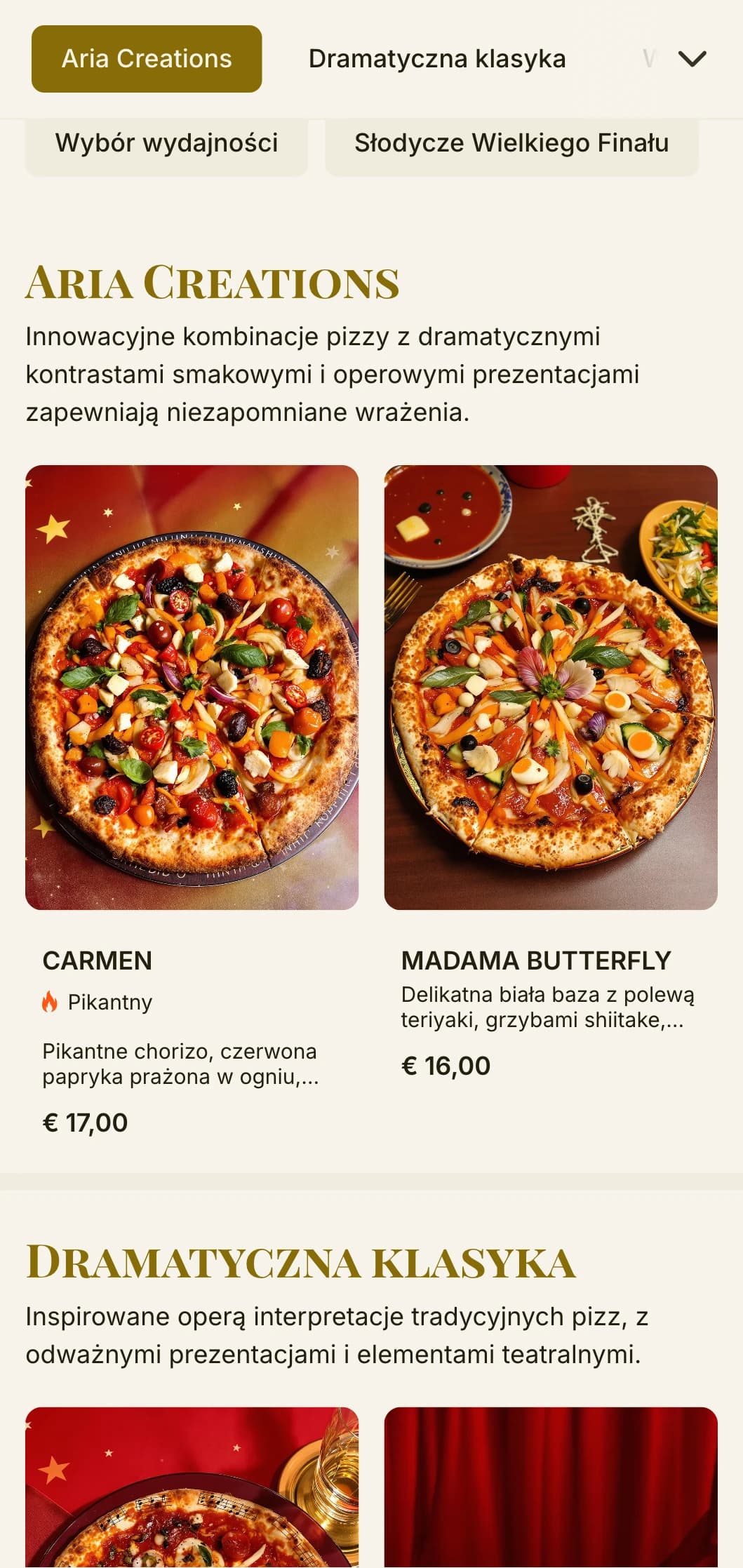 Teatralne menu pizzy inspirowane włoską operą z dramatyczną hierarchią wizualną.