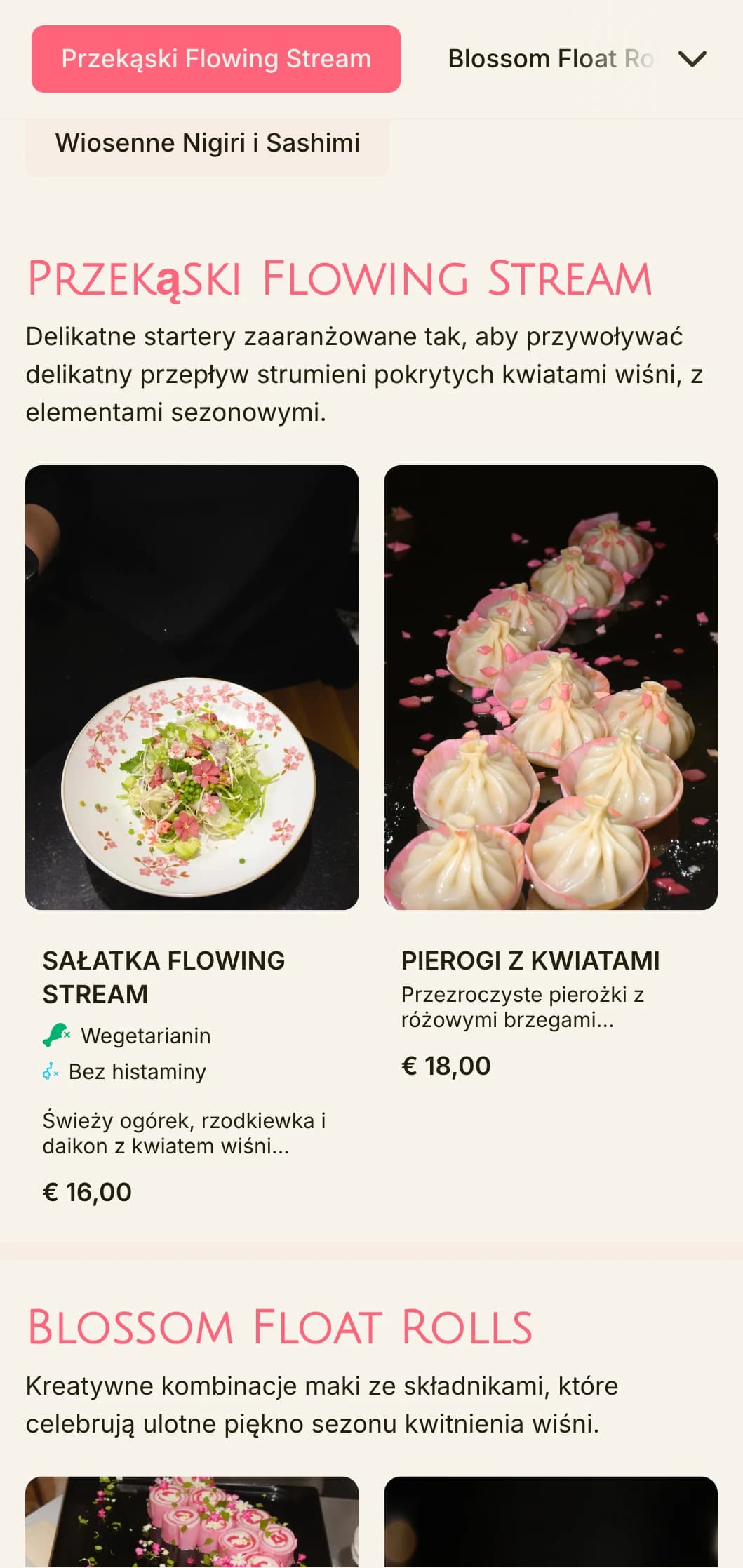 Płynne menu sushi inspirowane kwiatem wiśni z delikatnymi różowymi akcentami i naturalnymi elementami.