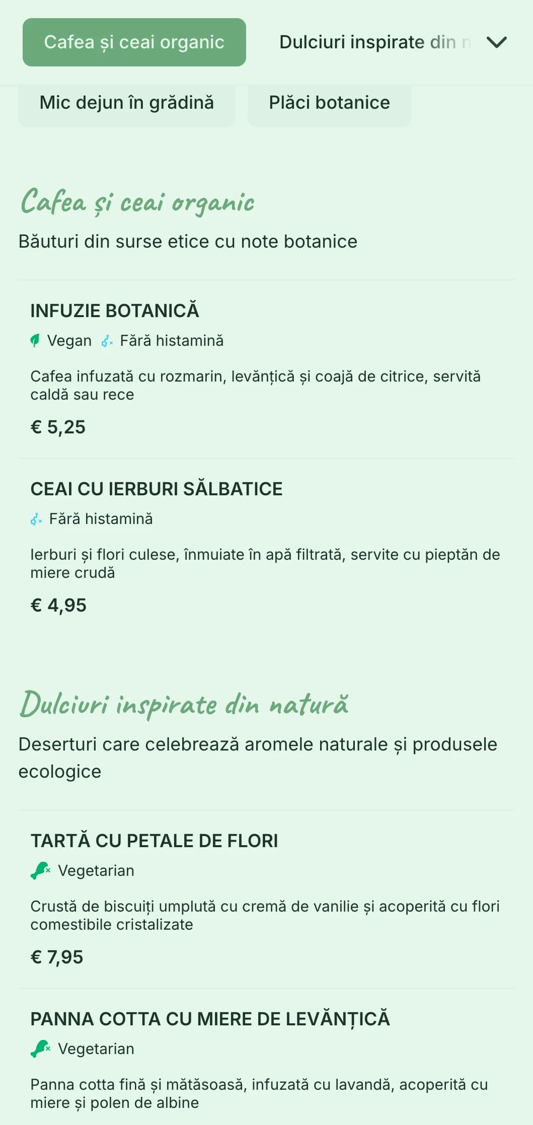 Design proaspăt cu tematică verde și elemente botanice pentru cafenele cu grădină și localuri de brunch organic.