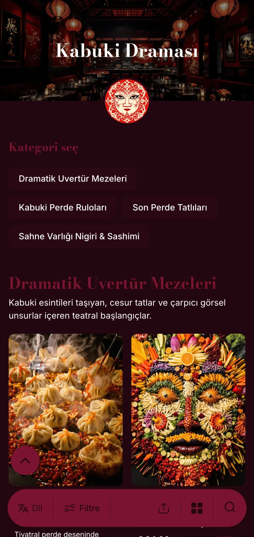Geleneksel Kabuki'den esinlenen teatral suşi menüsü, dramatik kırmızı ve siyah kontrastlar içeriyor.