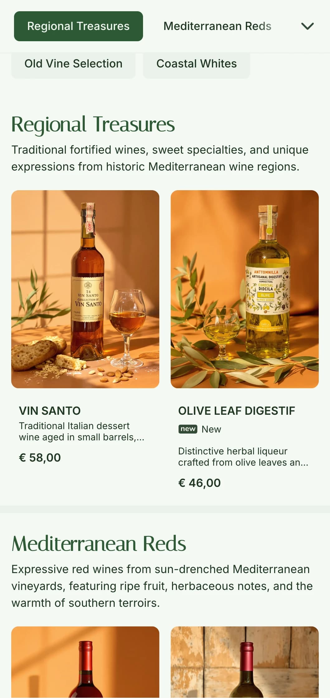Mediterranean olive-themed wine list template with earthy green tones, perfect for rustic Italian restaurants and wine gardens.