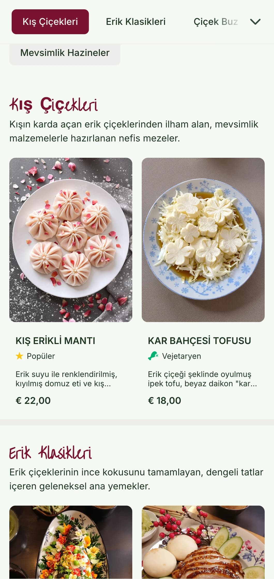 Erik çiçeklerinden ilham alan taze Çin menüsü tasarımı, mevsimlik kış ve bahar mutfağı için narin desenlerle.