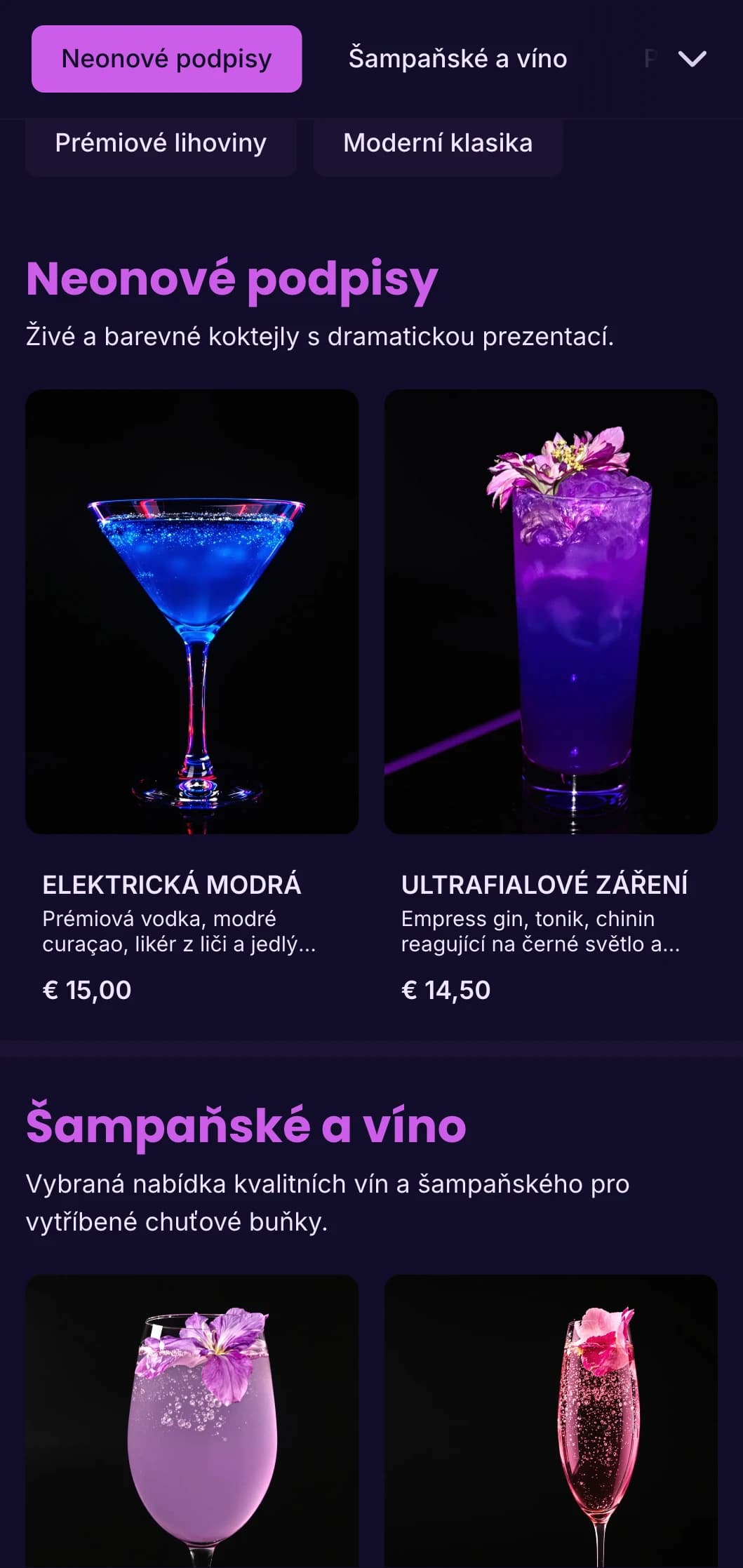 Zářivý fialový a ultrafialový design pro módní noční kluby a koktejlové salónky.