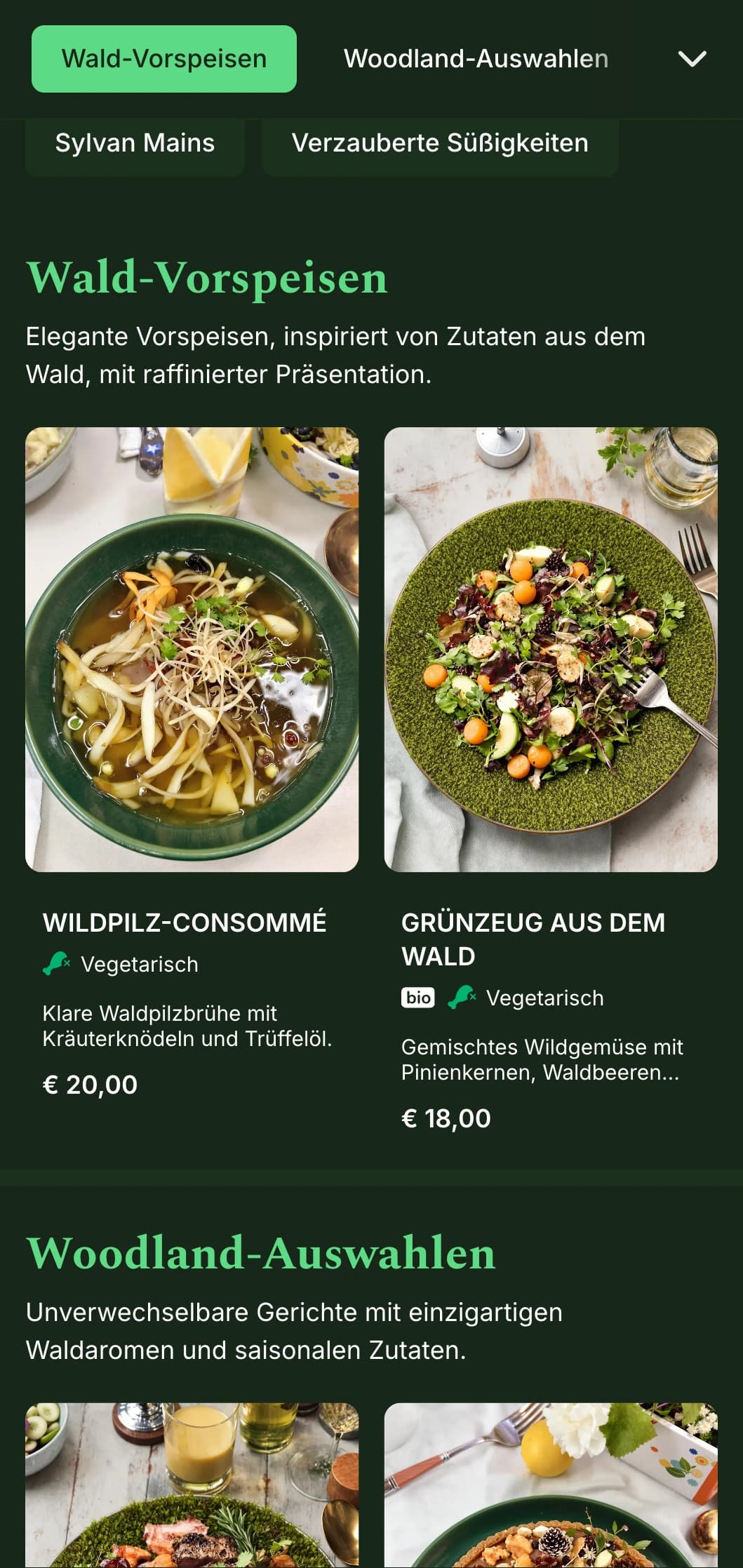Ein raffiniertes Dinner-Menü, inspiriert von tiefen Waldtönen und natürlichen Texturen, perfekt für die vom Wald inspirierte Küche.