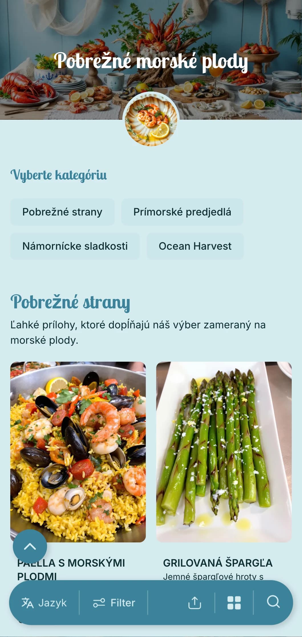 Catering zameraný na čerstvé morské plody s oceánskymi úlovkami, námornými prvkami a pobrežnou prezentáciou pre plážové podujatia a milovníkov morských plodov.