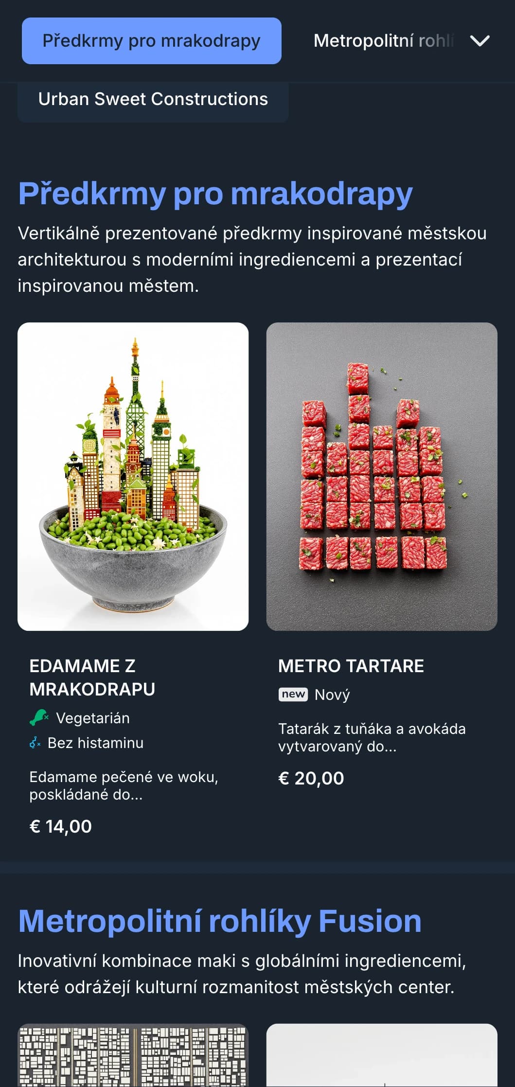 Současné sushi menu inspirované městem s chladnými modrými tóny a prvky městského designu pro módní podniky.
