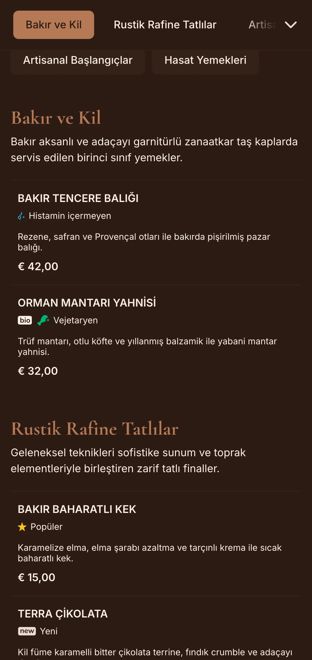 Sıcak bakır tonları ve adaçayı vurguları içeren rafine rustik zarafet, sofistike çiftlikten masaya ve mevsimlik kaliteli yemekler için mükemmeldir.