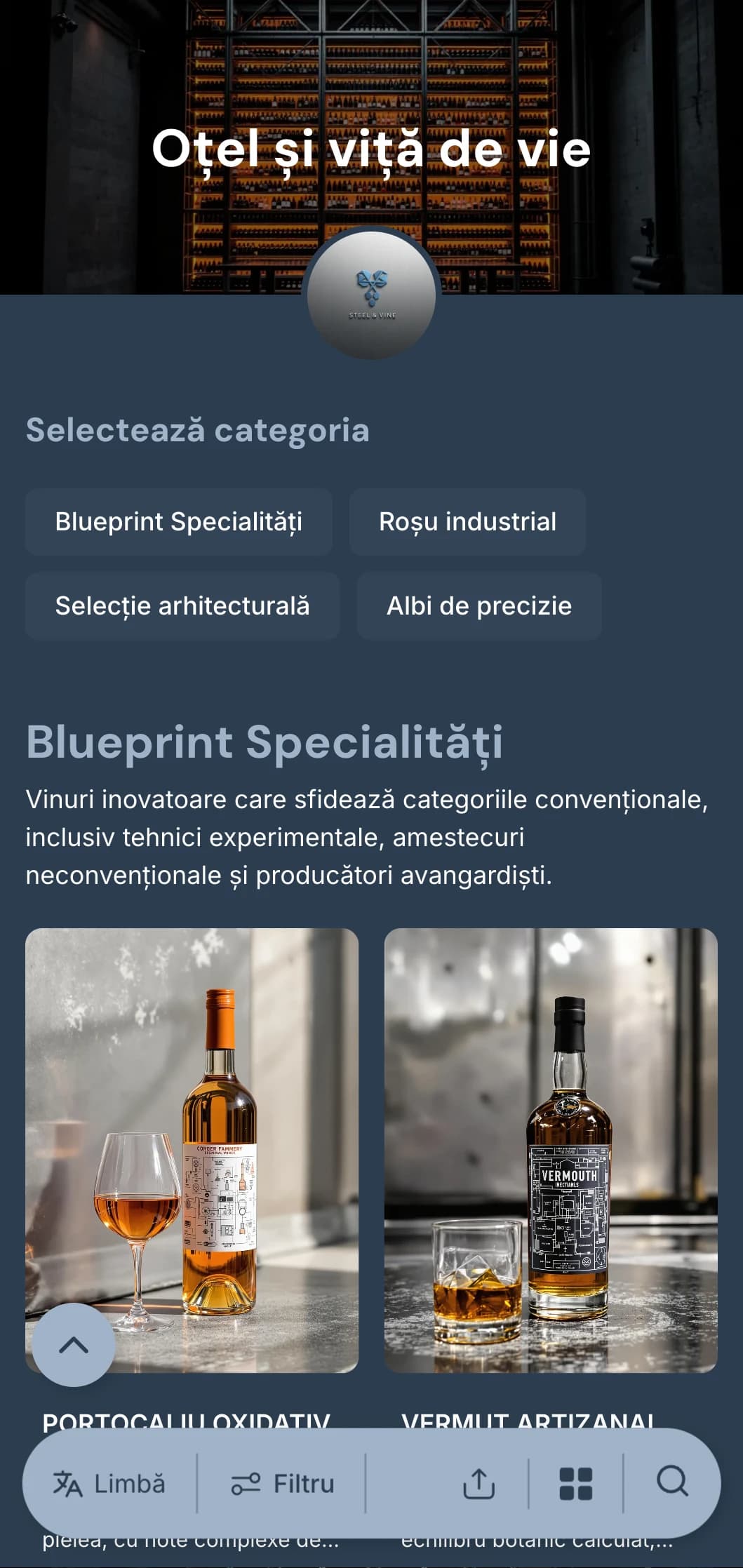 Șablon industrial modern pentru lista de vinuri, cu accente albastru oțel și elemente arhitecturale, ideal pentru baruri de vinuri urbane și spații de luat masa contemporane.