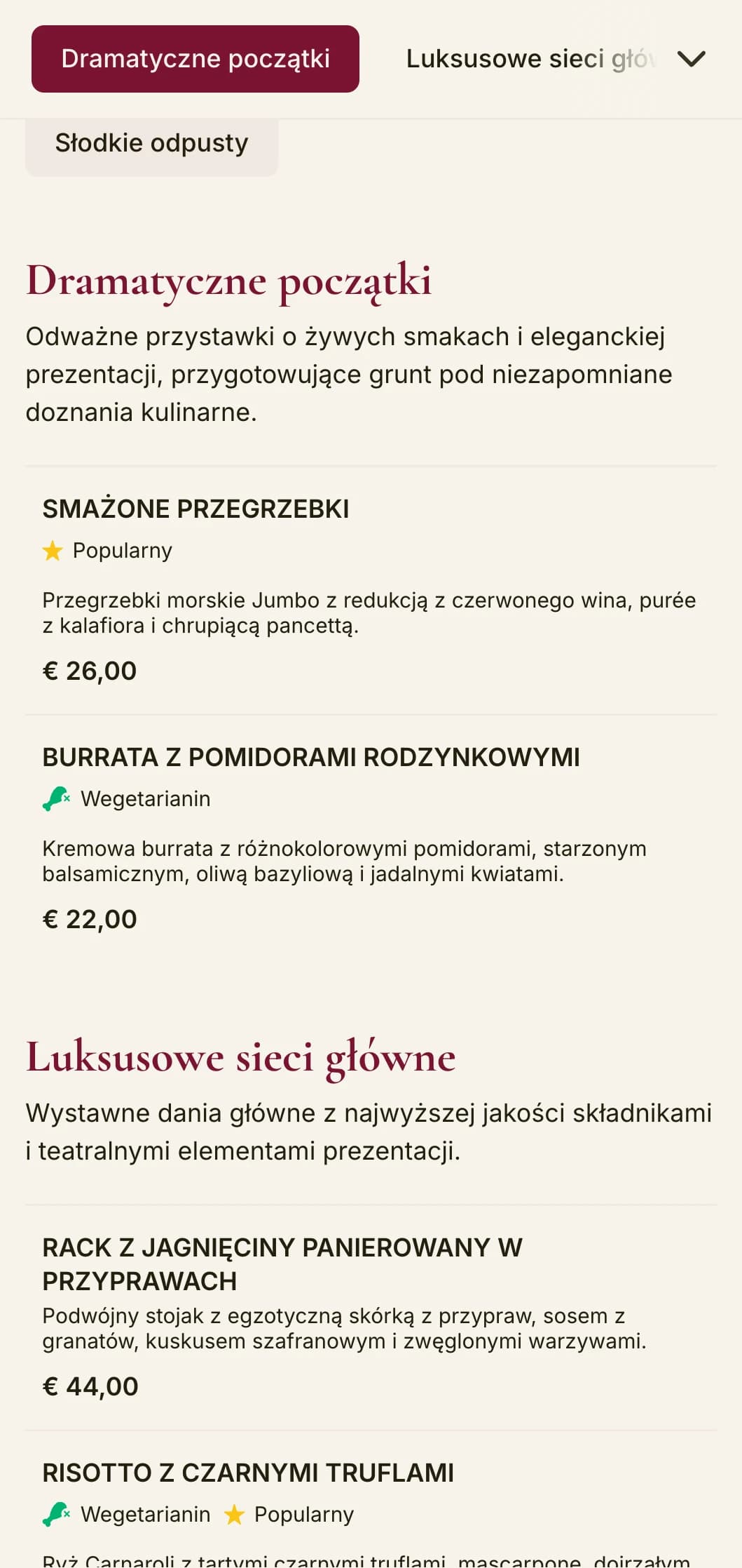 Odważne i dramatyczne menu obiadowe z głębokimi odcieniami czerwieni i luksusowymi elementami, zaprojektowane z myślą o ekskluzywnych lokalach gastronomicznych z teatralnym charakterem.