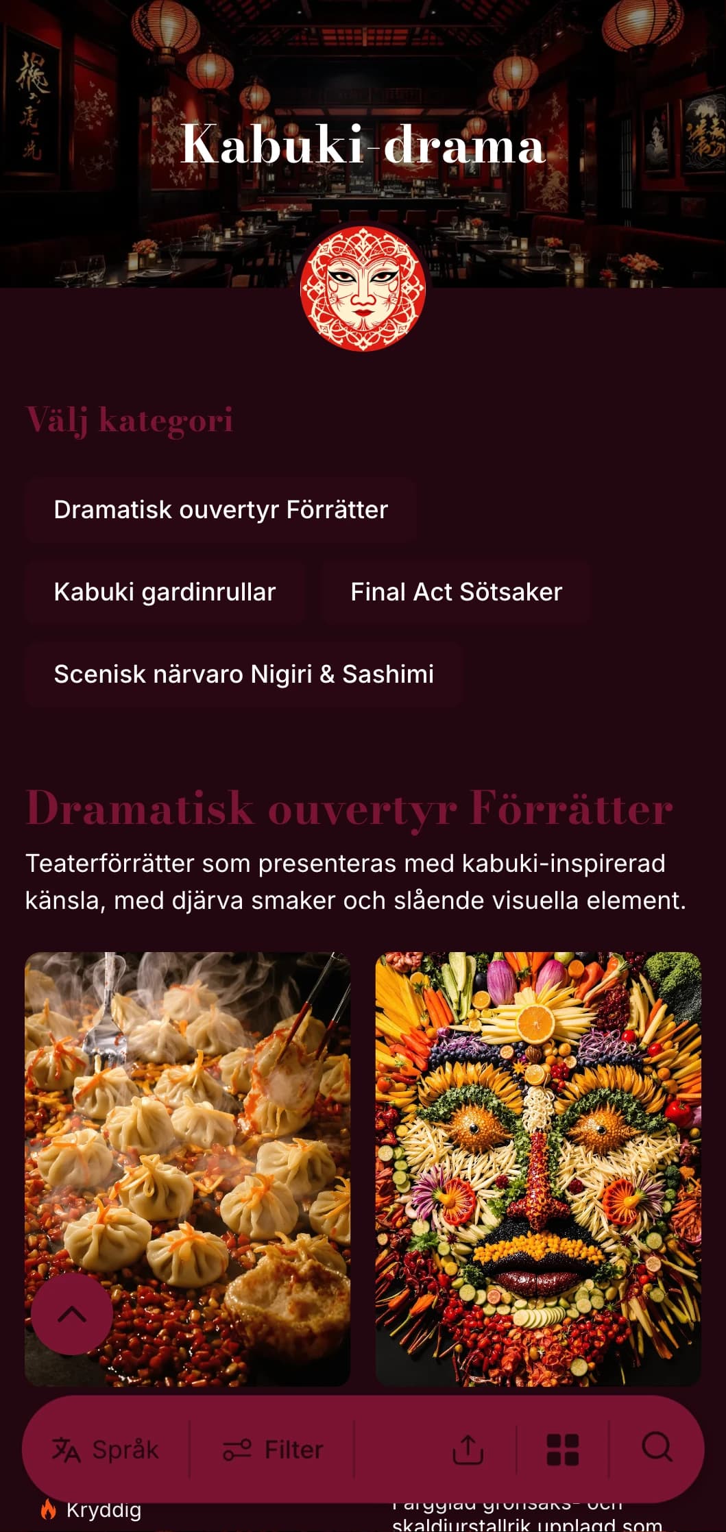 Teatralisk sushimeny inspirerad av traditionell Kabuki, med dramatiska kontraster mellan rött och svart.