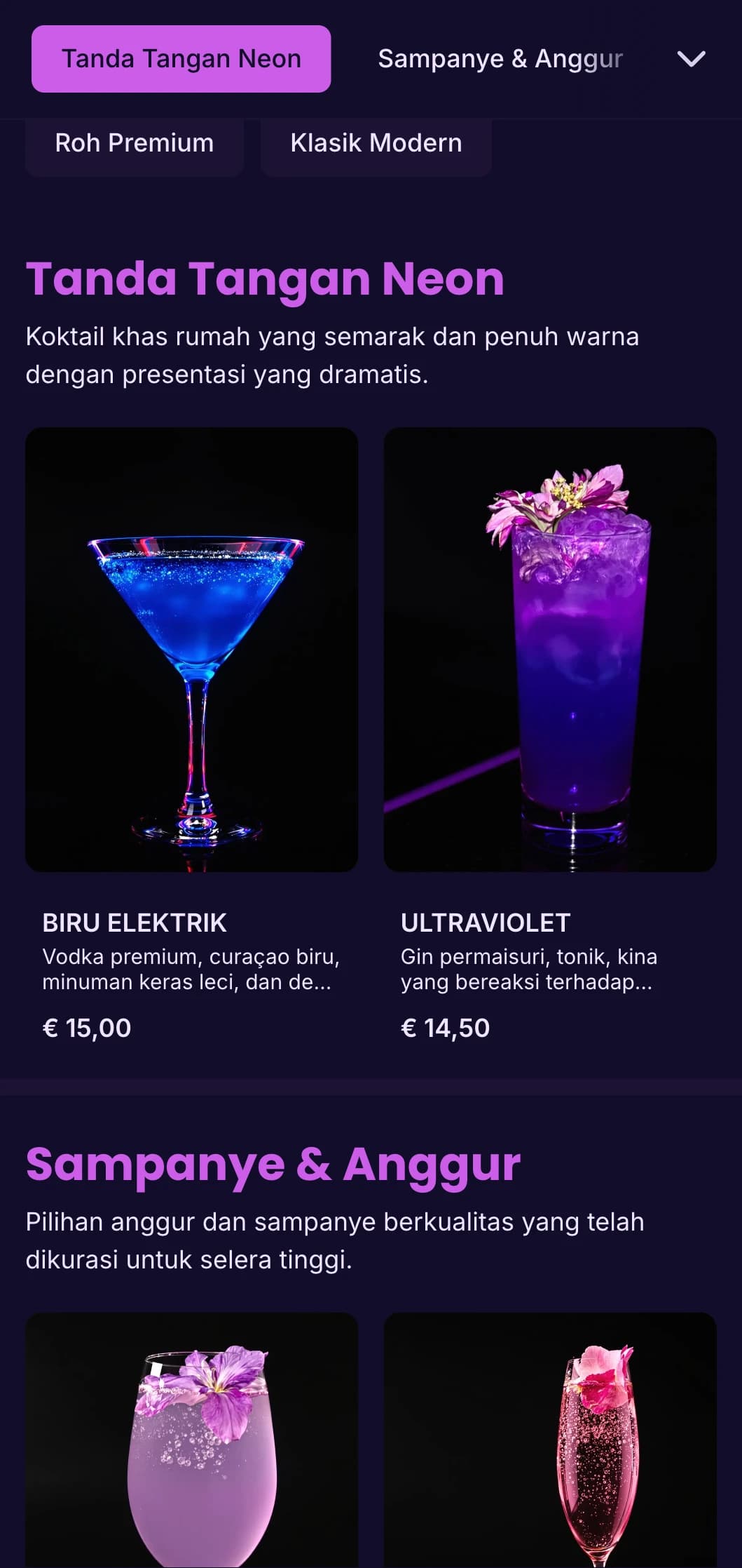 Desain ungu dan ultraviolet yang cerah untuk klub malam dan lounge koktail yang trendi.