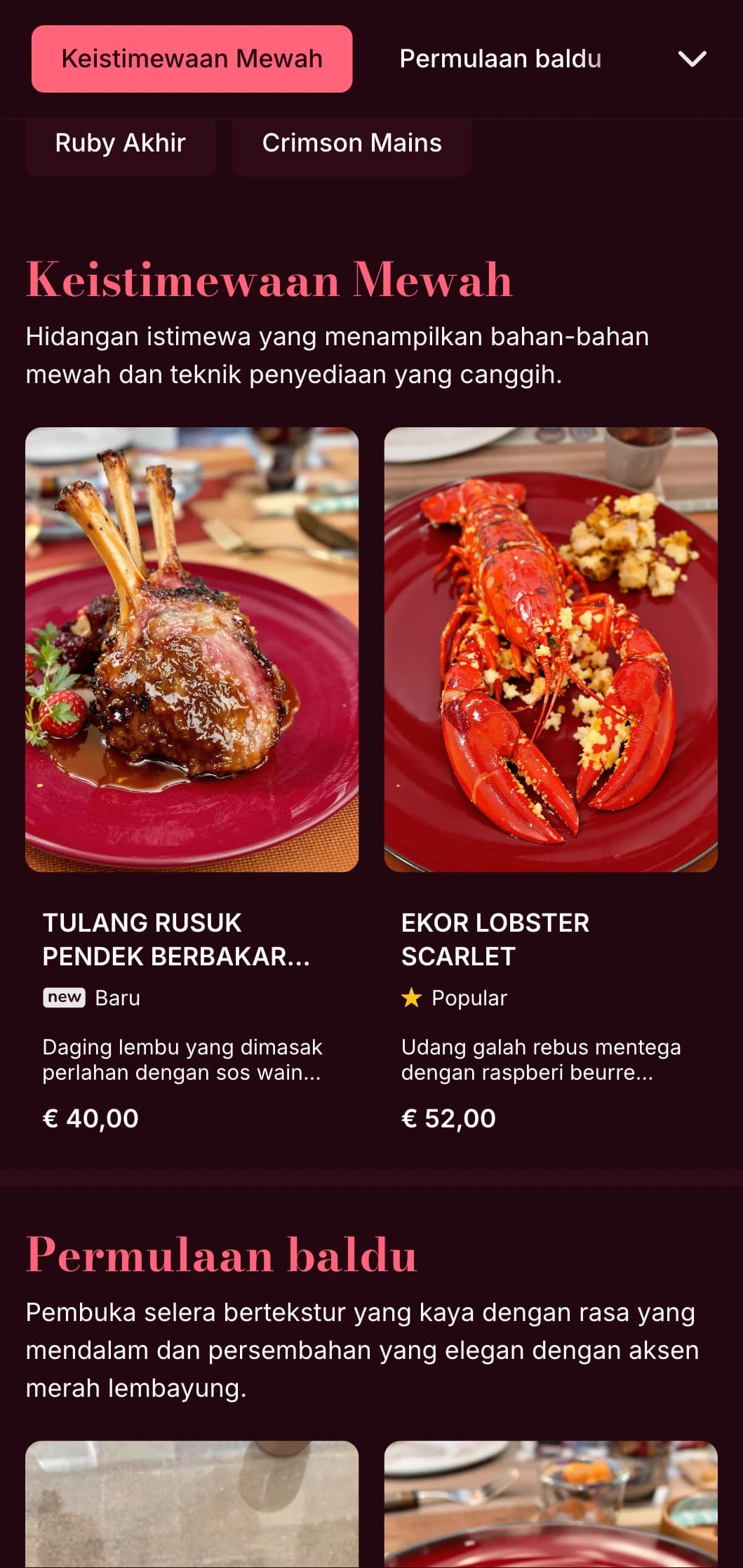 Menu makan malam yang kaya dan baldu yang menampilkan rona merah pekat dan tekstur halus, direka untuk pengalaman makan malam yang intim.
