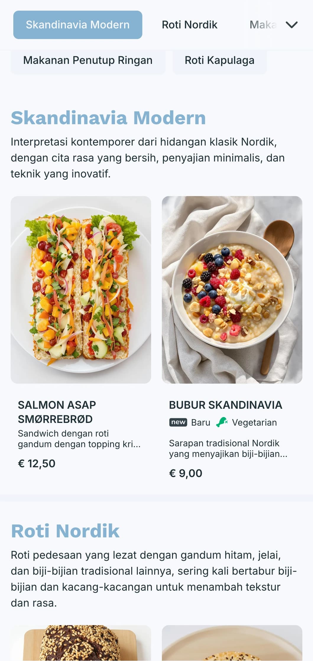 Desain menu toko roti yang ringan dan lapang dengan warna biru yang sejuk dan tipografi yang bersih, cocok untuk toko roti yang terinspirasi dari Skandinavia dan kafe modern.