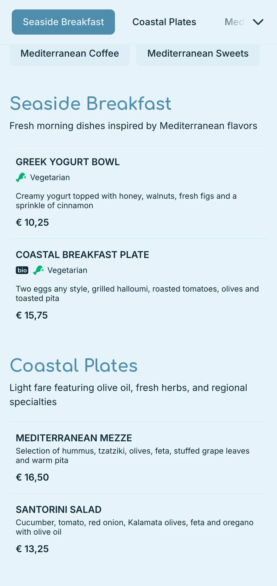 Refreshing blue palette inspired by Mediterranean waters for seaside cafes and bistros.