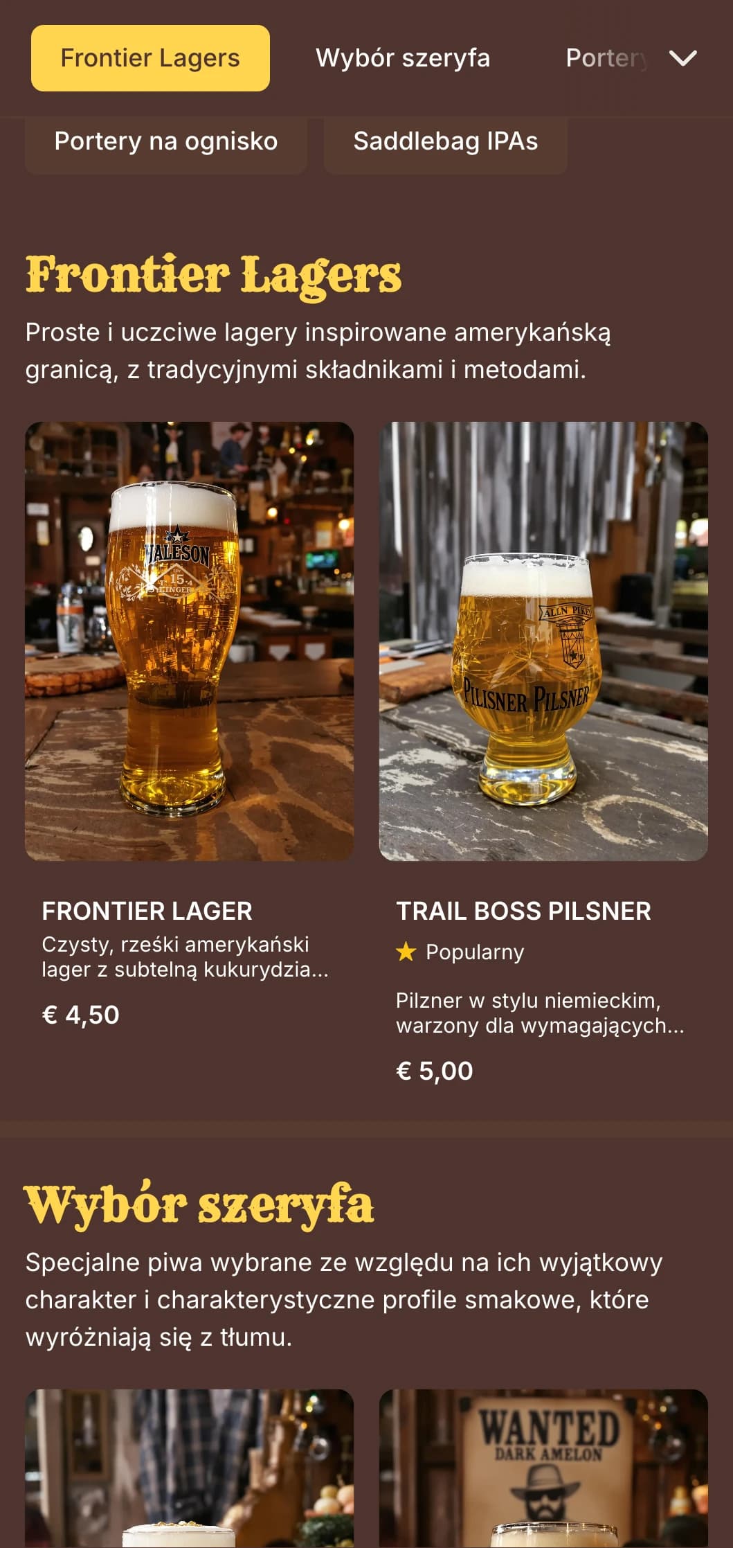 Inspirowany frontami design z postarzanymi teksturami i westernową typografią, idealny do barów w stylu saloon i tematycznych browarów.