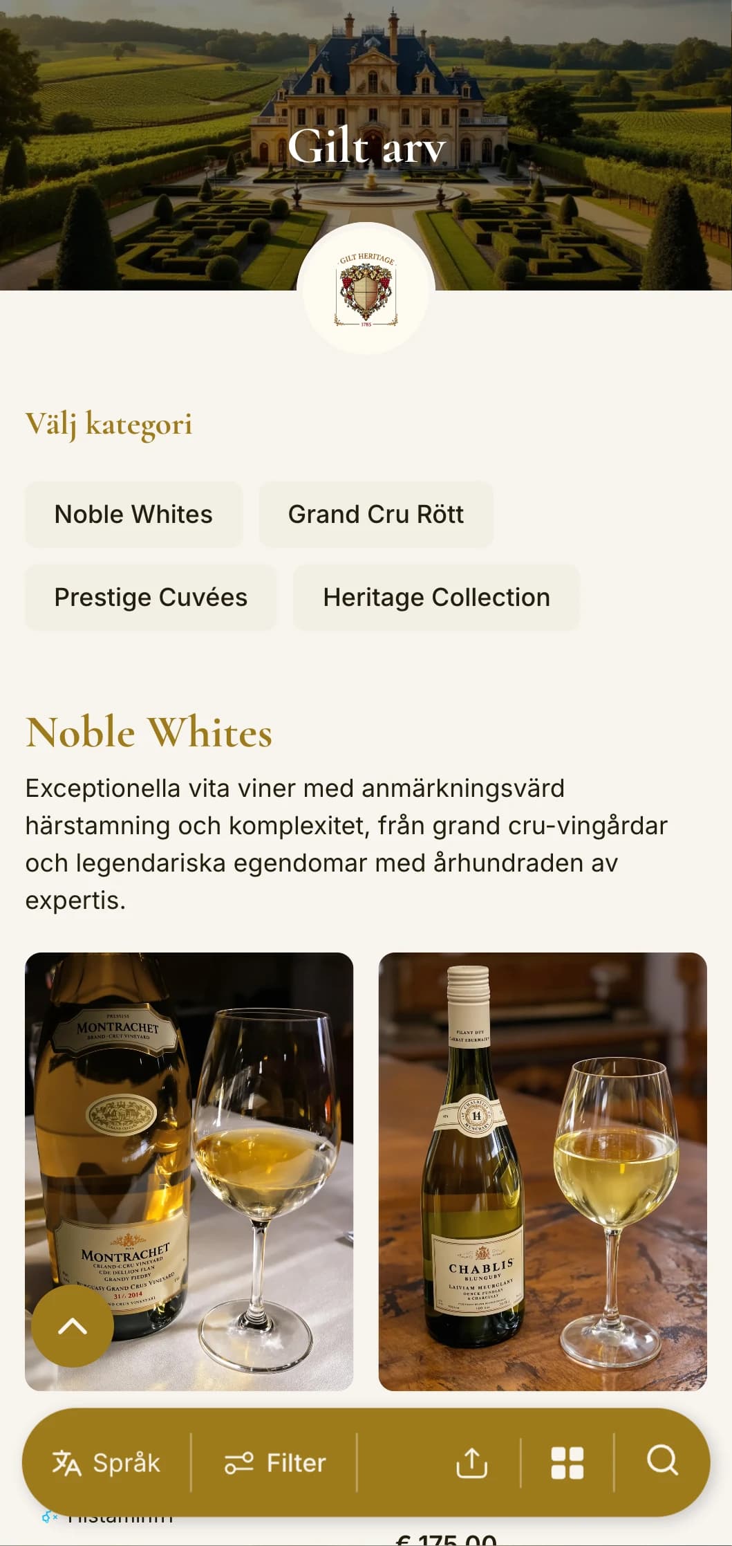 Lyxigt traditionell mall för vinlista med guldaccenter och kulturarvselement, perfekt för etablerade vingårdar och klassiska fine dining-restauranger.