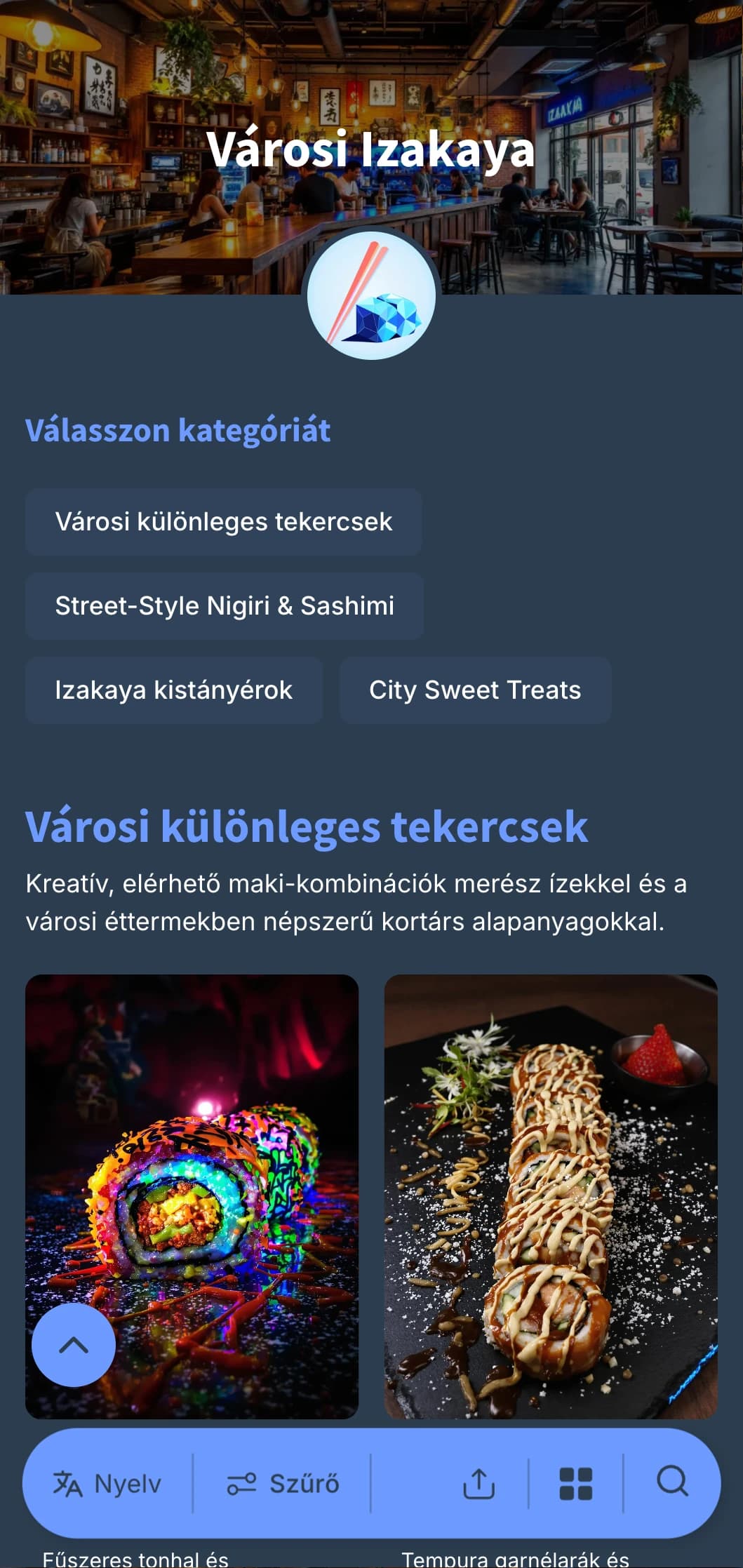 Kortárs japán pub-stílusú menü városi hangulattal, hűvös kékekkel és mély tengerészettel a laza étkezésekhez.