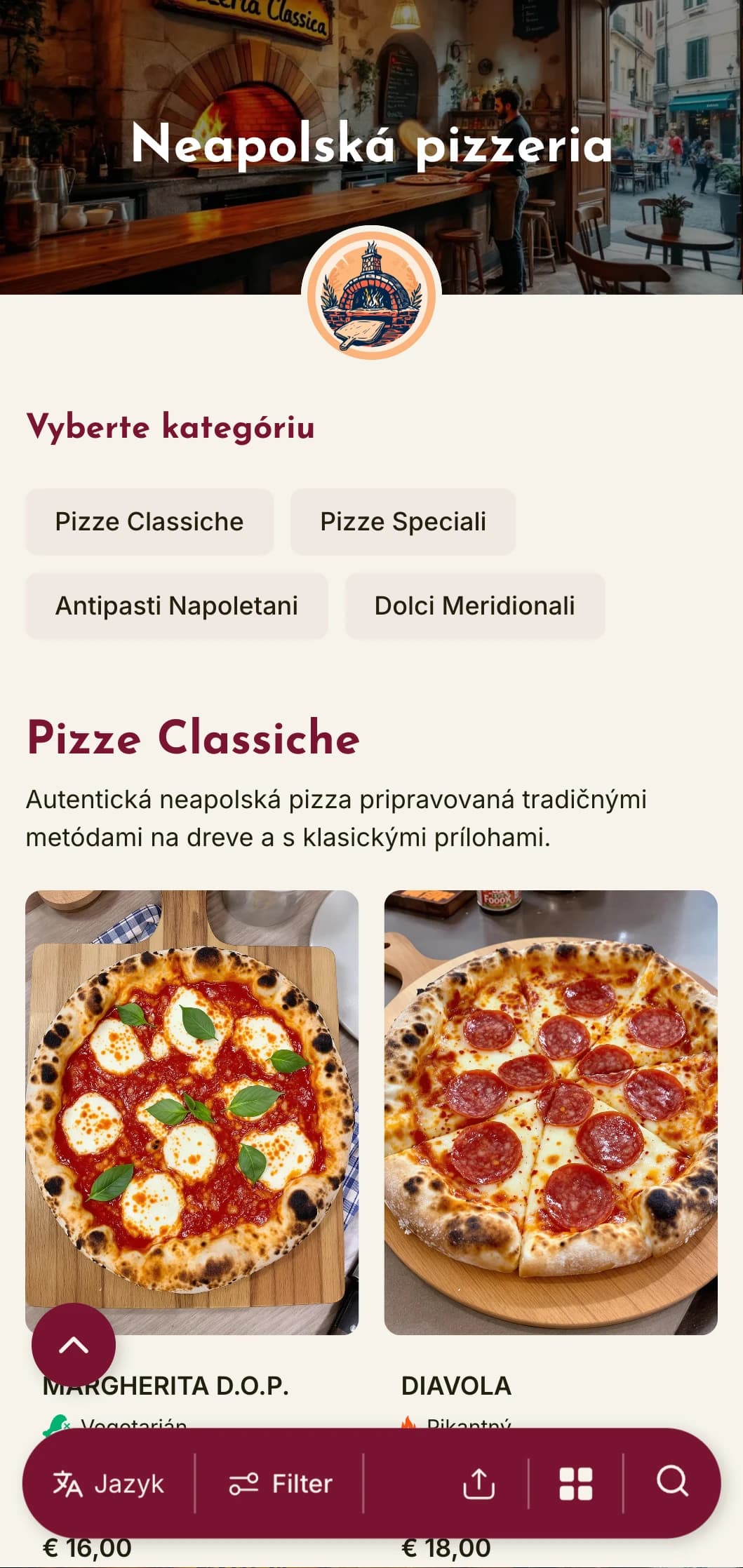 Žiarivý dizajn s teplými farbami a rustikálnymi prvkami oslavuje neapolskú tradíciu pizze a južanský taliansky štýl.