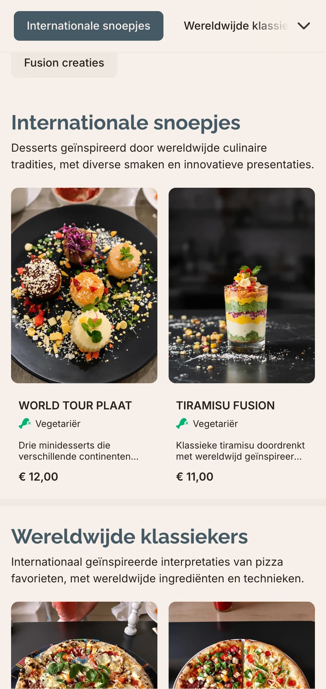 Wereldwijd fusion pizzamenu met eigentijds design voor innovatieve smaakcombinaties.