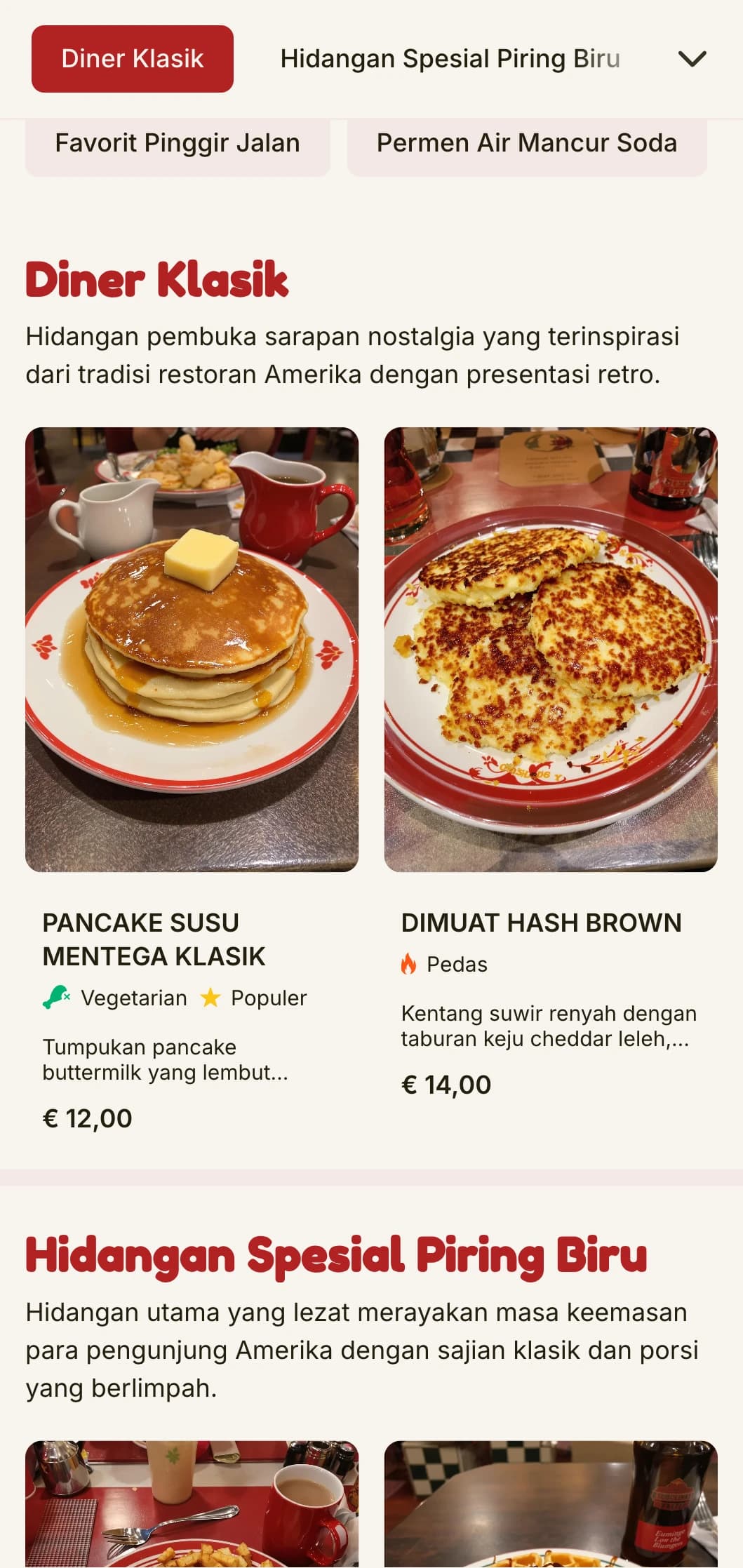 Templat brunch yang terinspirasi dari gaya retro dengan estetika restoran Amerika klasik, ideal untuk tempat sarapan yang bernostalgia.