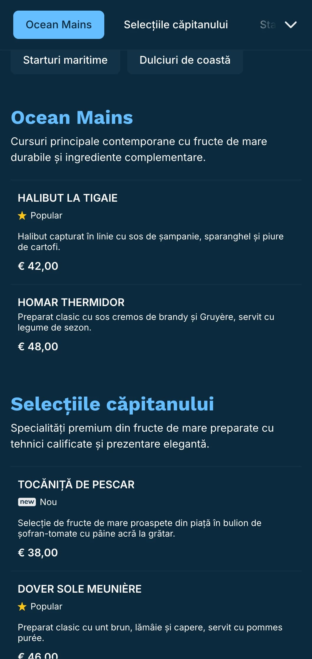 Un meniu de cină clar, în tonuri albastre, cu influențe nautice, perfect pentru restaurantele cu fructe de mare de lux.