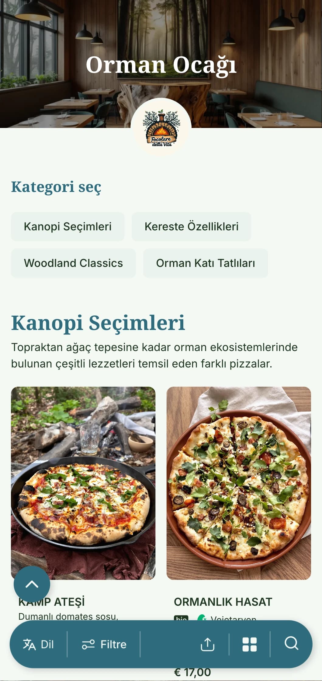 Ormanlık öğeler ve toprak rengi paleti ile ormandan ilham alan pizza menüsü.