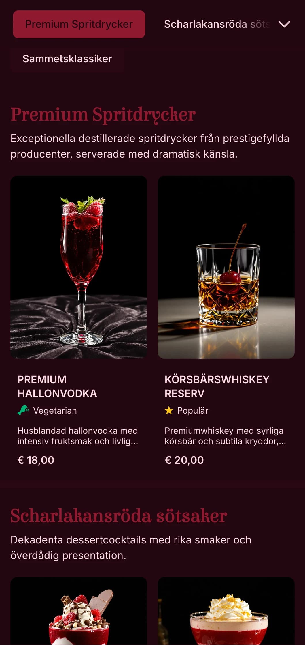En lyxig, teaterinspirerad design för exklusiva cocktail-lounger med rika karmosinröda toner och dramatisk typografi.