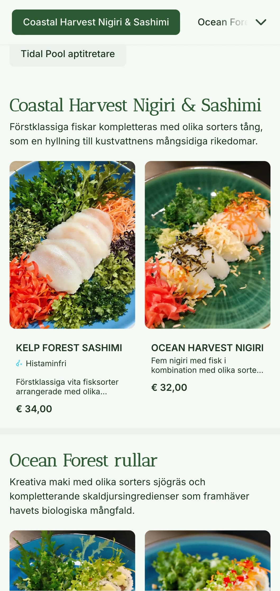 Fräsch havsinspirerad sushimeny med djupa tånggröna toner för autentiska fisk- och skaldjursrestauranger.