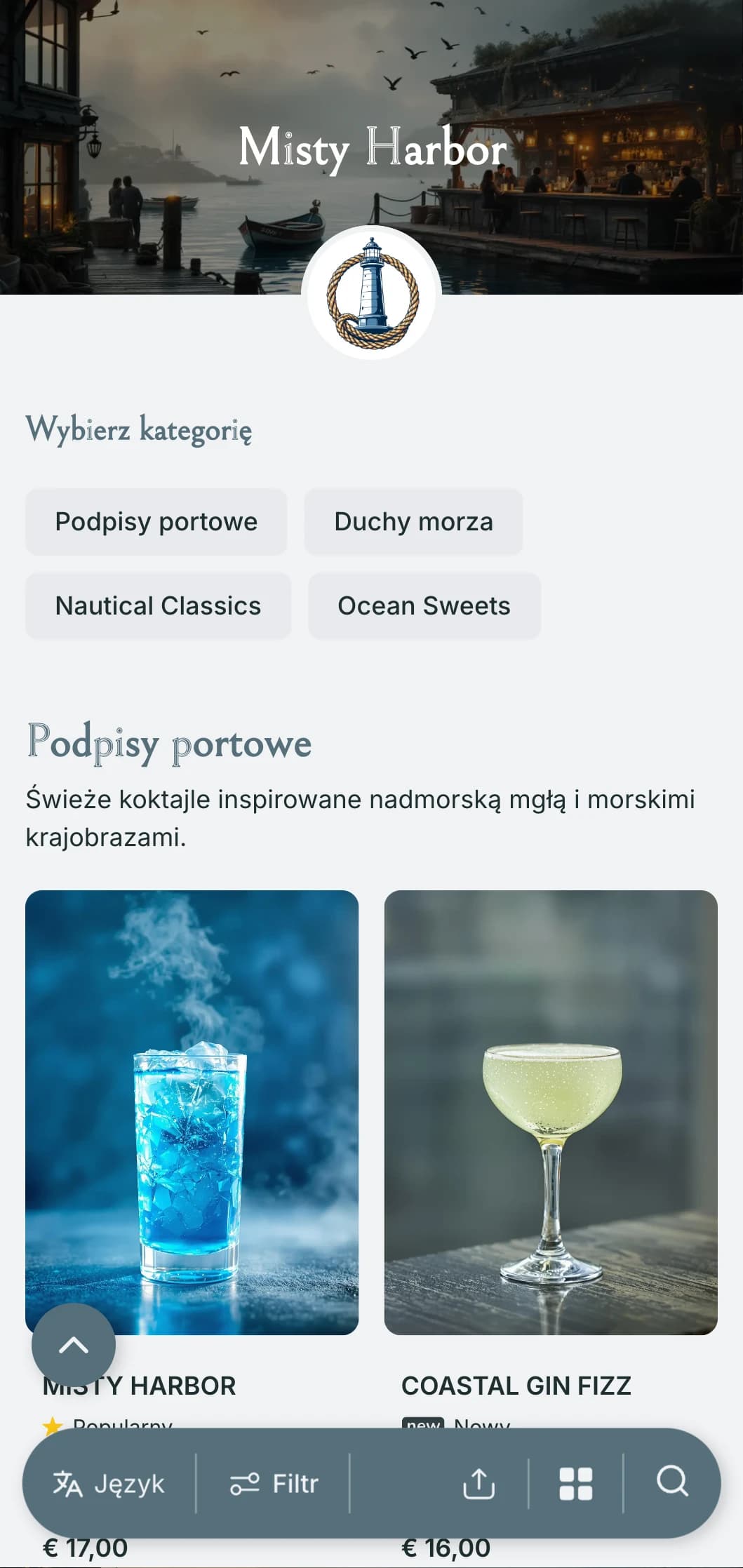 Nadmorski, inspirowany portem design dla nadmorskich barów z mglistymi niebiesko-szarymi odcieniami i elementami żeglarskimi.