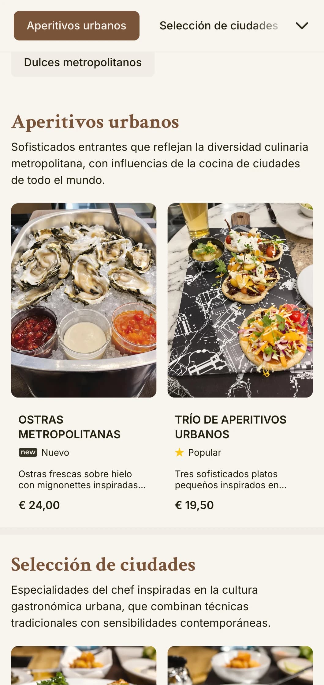 Diseño de menú de almuerzo cosmopolita, inspirado en la ciudad, con elegancia urbana y detalles refinados, adecuado para restaurantes céntricos y establecimientos urbanos sofisticados.