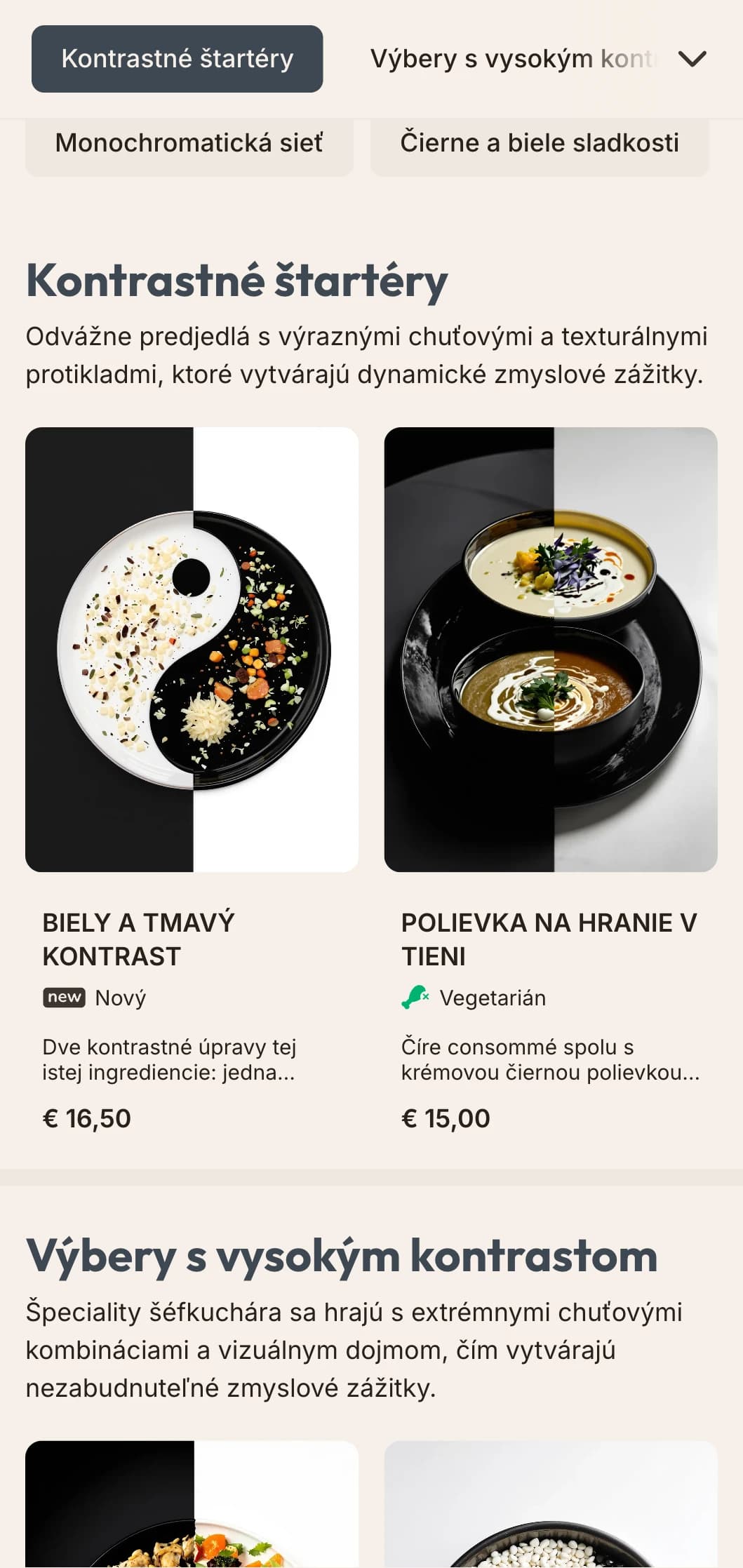 Strohý čiernobiely dizajn obedového menu s vysokým kontrastom a výraznou typografiou, ideálny pre minimalistické reštaurácie a priestory so súčasným umením.