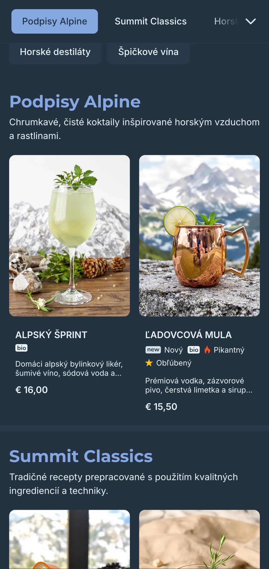 Svieži modro-šedý dizajn s horskými motívmi pre povznesené, čisté kokteilové zážitky.