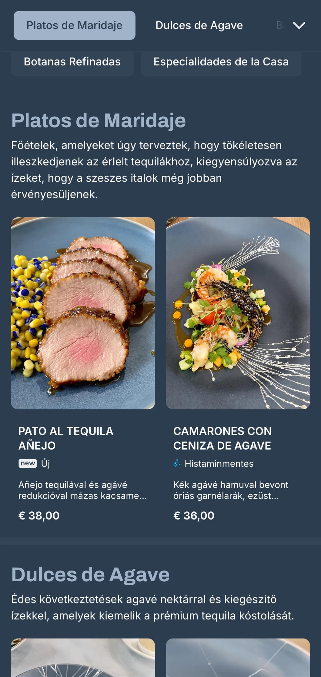 Elegáns és kifinomult tequila bármenü ezüst és kékesszürke tónusokkal, prémium szeszes italokkal és kifinomult mexikói kistányérokkal.