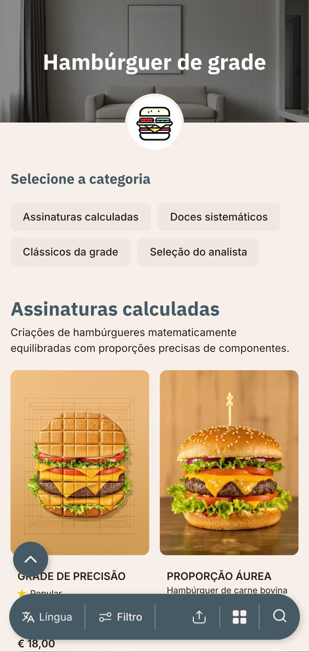 Conceito de hambúrguer de precisão matemática com layouts de grade e apresentação sistemática.