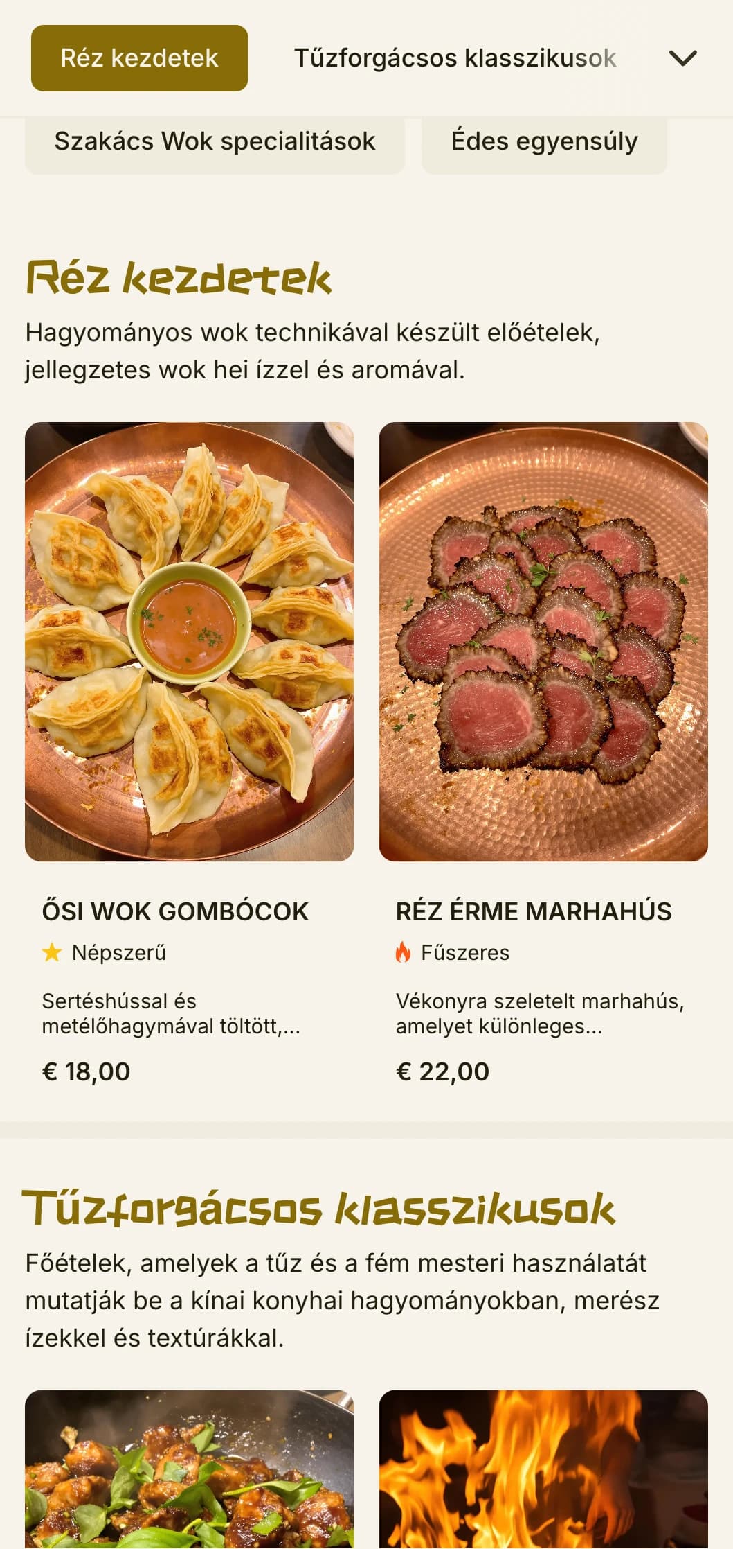 Meleg kínai menü kialakítása, amelyet a hagyományos wokfőzés ihletett, réz akcentusokkal és autentikus kulináris elemekkel.