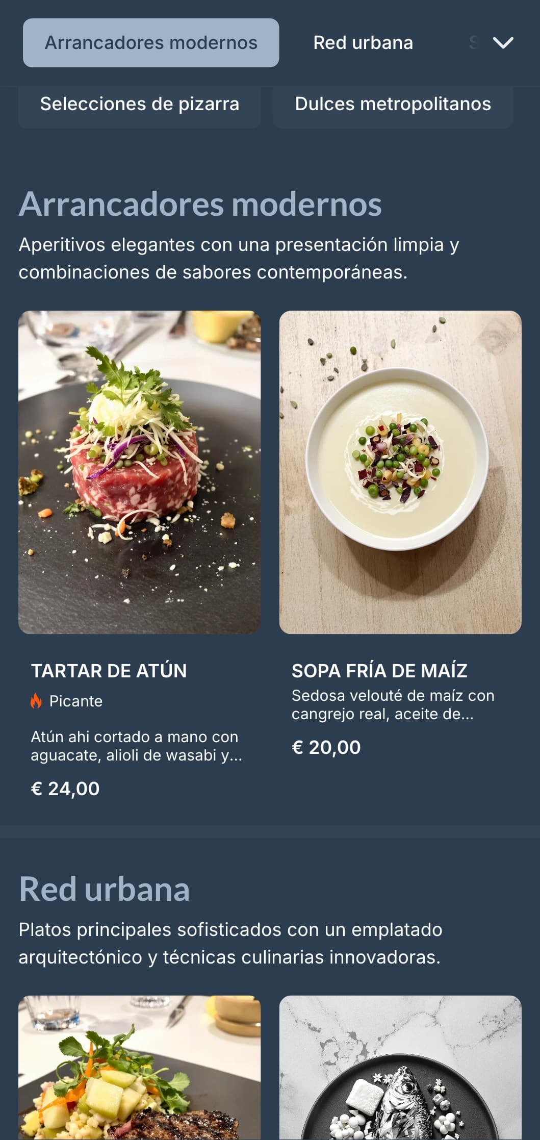 Un menú contemporáneo con tonos pizarra y un diseño geométrico limpio, perfecto para restaurantes urbanos modernos.