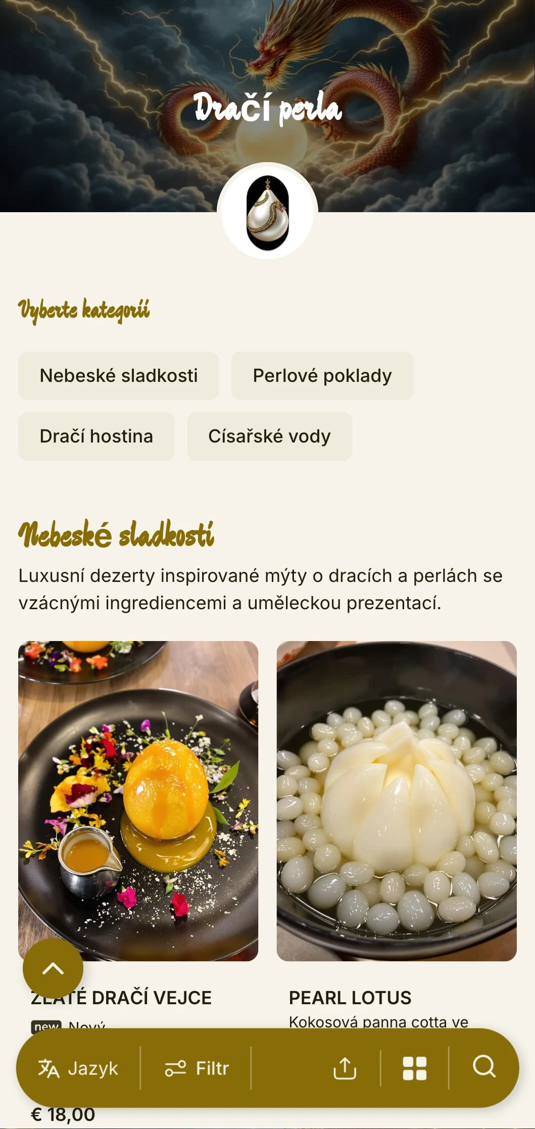Luxusní design čínského jídelního lístku s motivy draka a perleťovými akcenty, ideální pro luxusní čínské restaurace s mořskými plody a pro zvláštní příležitosti.
