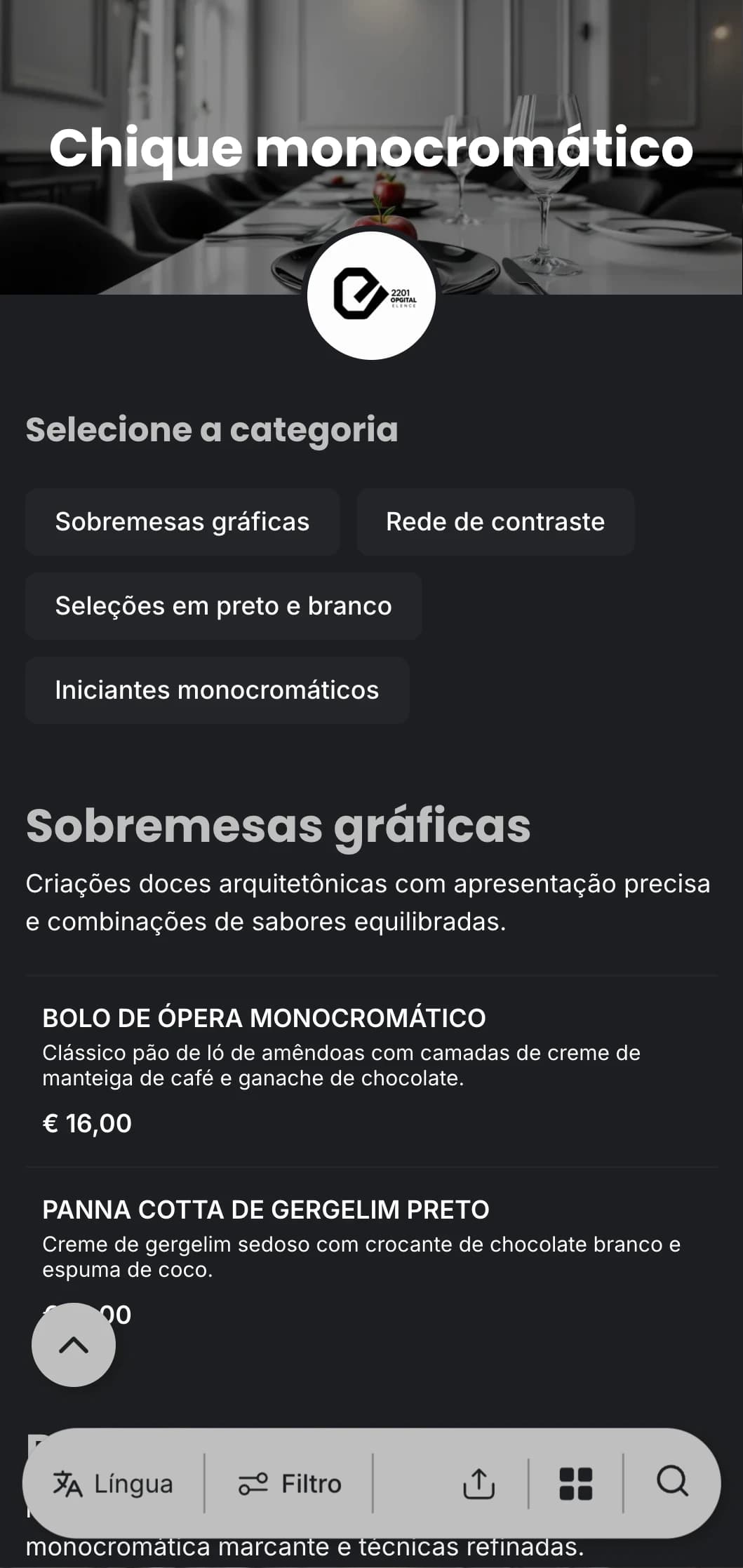 Um cardápio sofisticado em preto e branco com tipografia arrojada e linhas simples, projetado para jantares finos contemporâneos.