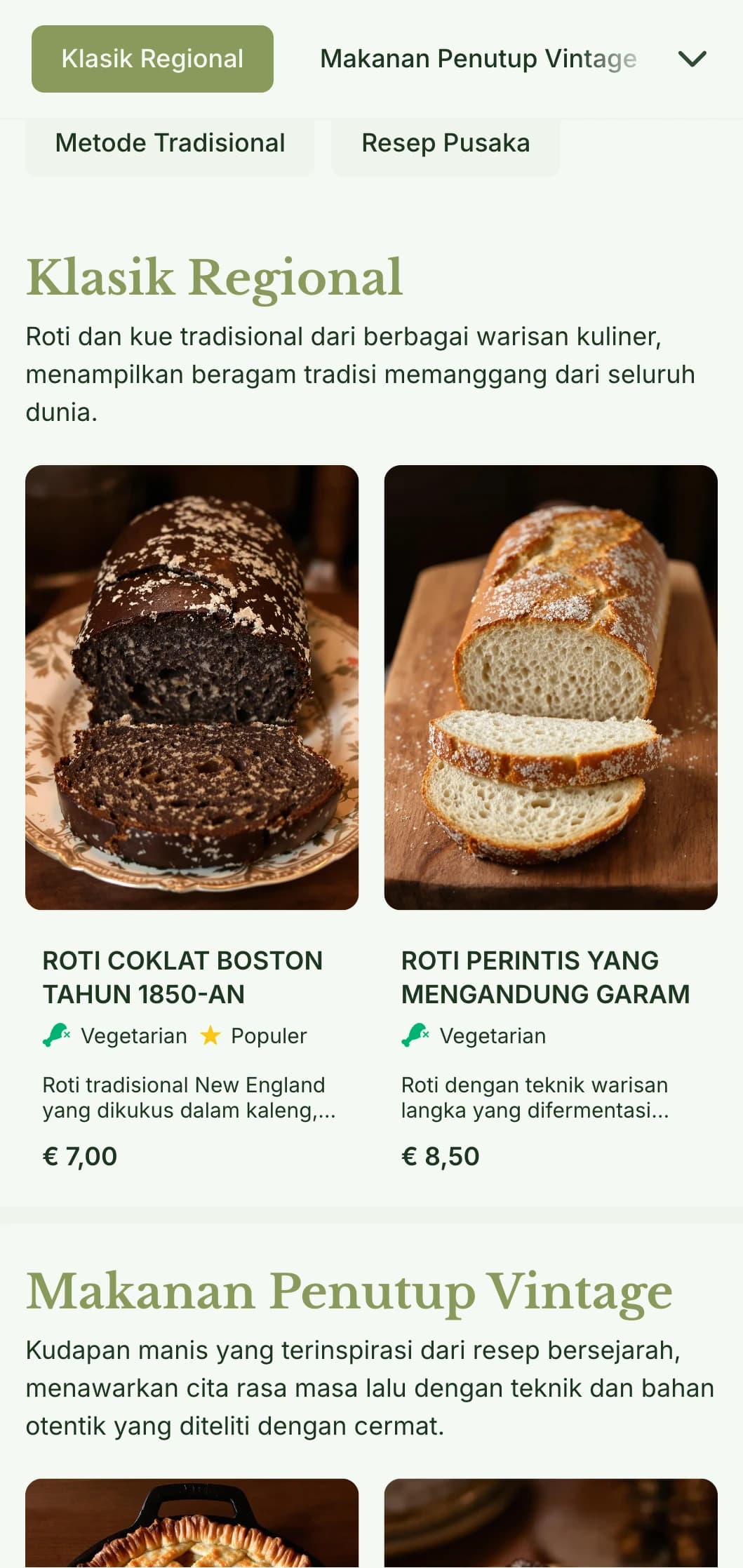 Desain menu toko roti tradisional yang terinspirasi dari pusaka dengan warna hijau zaitun dan tipografi klasik, cocok untuk toko roti yang berfokus pada resep bersejarah.