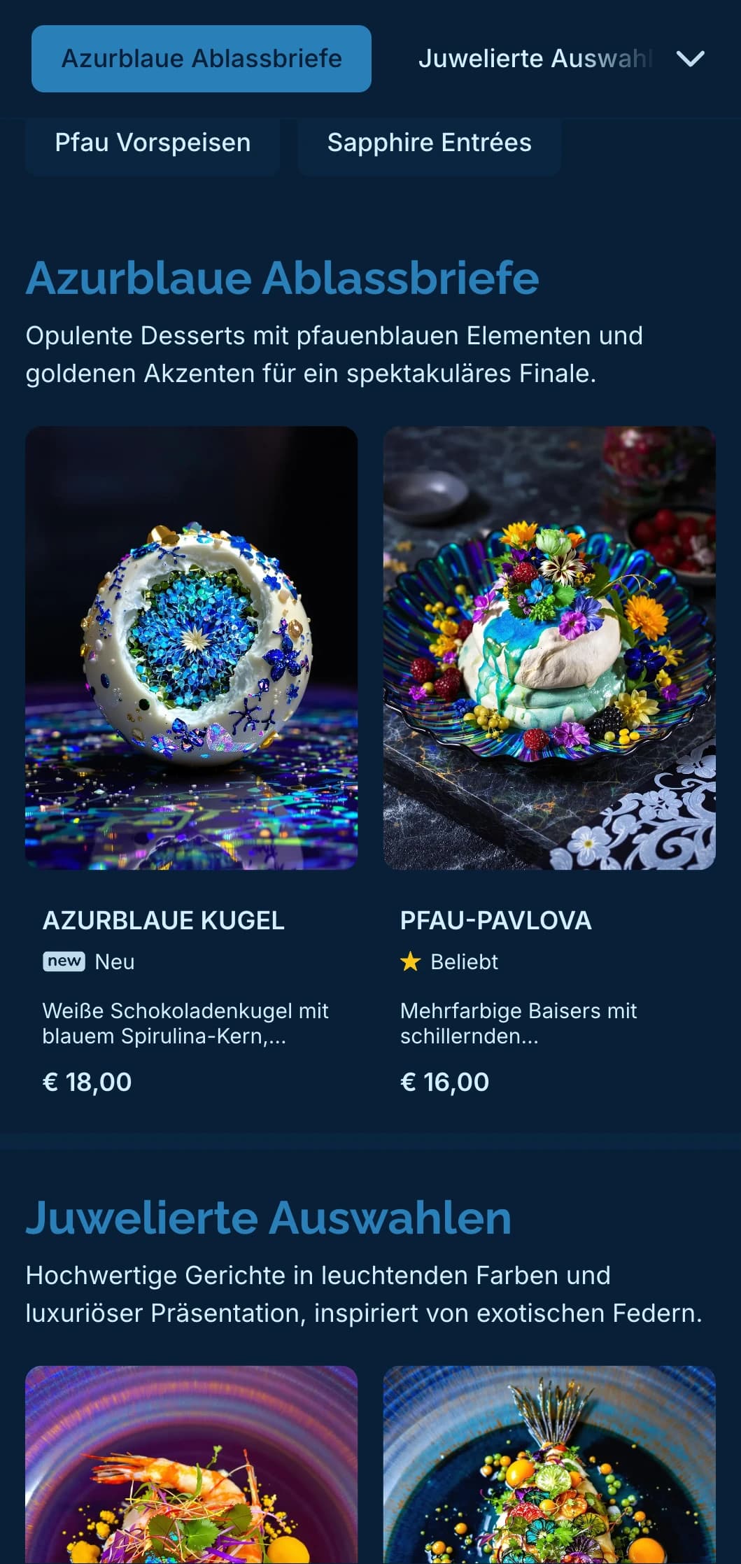 Ein lebhaftes und zugleich raffiniertes Konzept mit pfauenblauen Farbtönen und dezenten goldenen Akzenten für ein luxuriöses Esserlebnis.