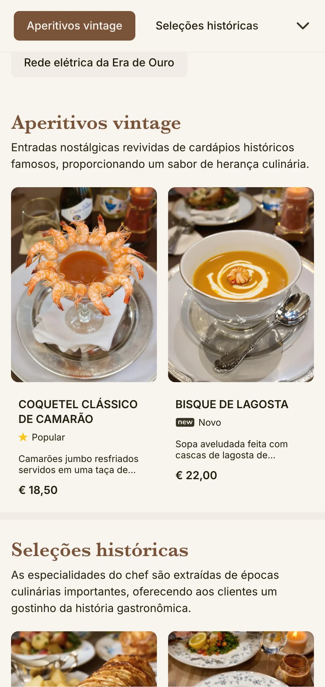 Design de cardápio de almoço nostálgico, inspirado na era de ouro, com referências históricas e detalhes refinados, adequado para restaurantes históricos com tradições ricas.