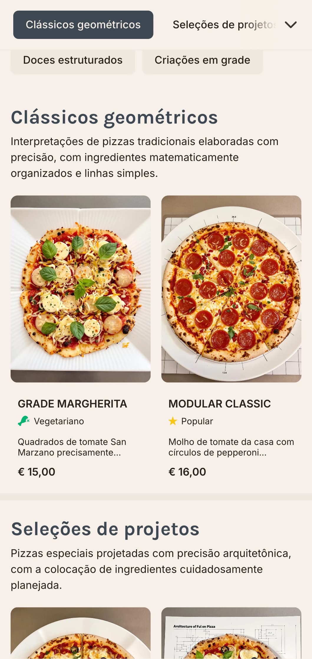 Cardápio de pizza moderno e geométrico com layouts de grade e elementos de design precisos.