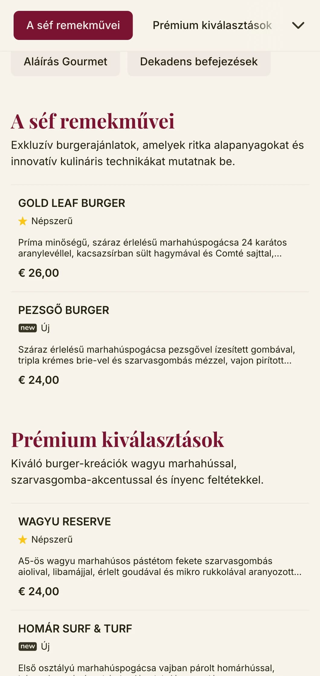 Emelt szintű hamburgerezős étkezés prémium tipográfiával és gazdag színpalettával az előkelő hamburgerélményért.