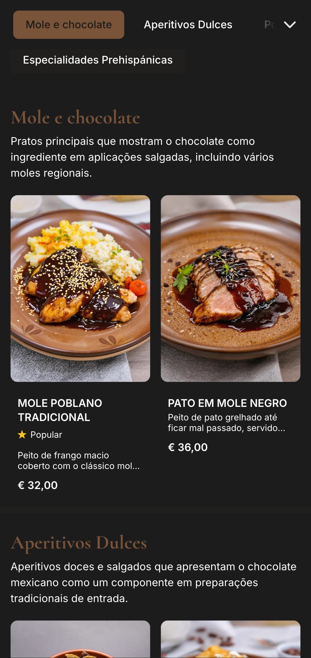 Menu de sobremesas mexicanas ricas e indulgentes com tons quentes de chocolate marrom, doces tradicionais e preparações autênticas de chocolate.
