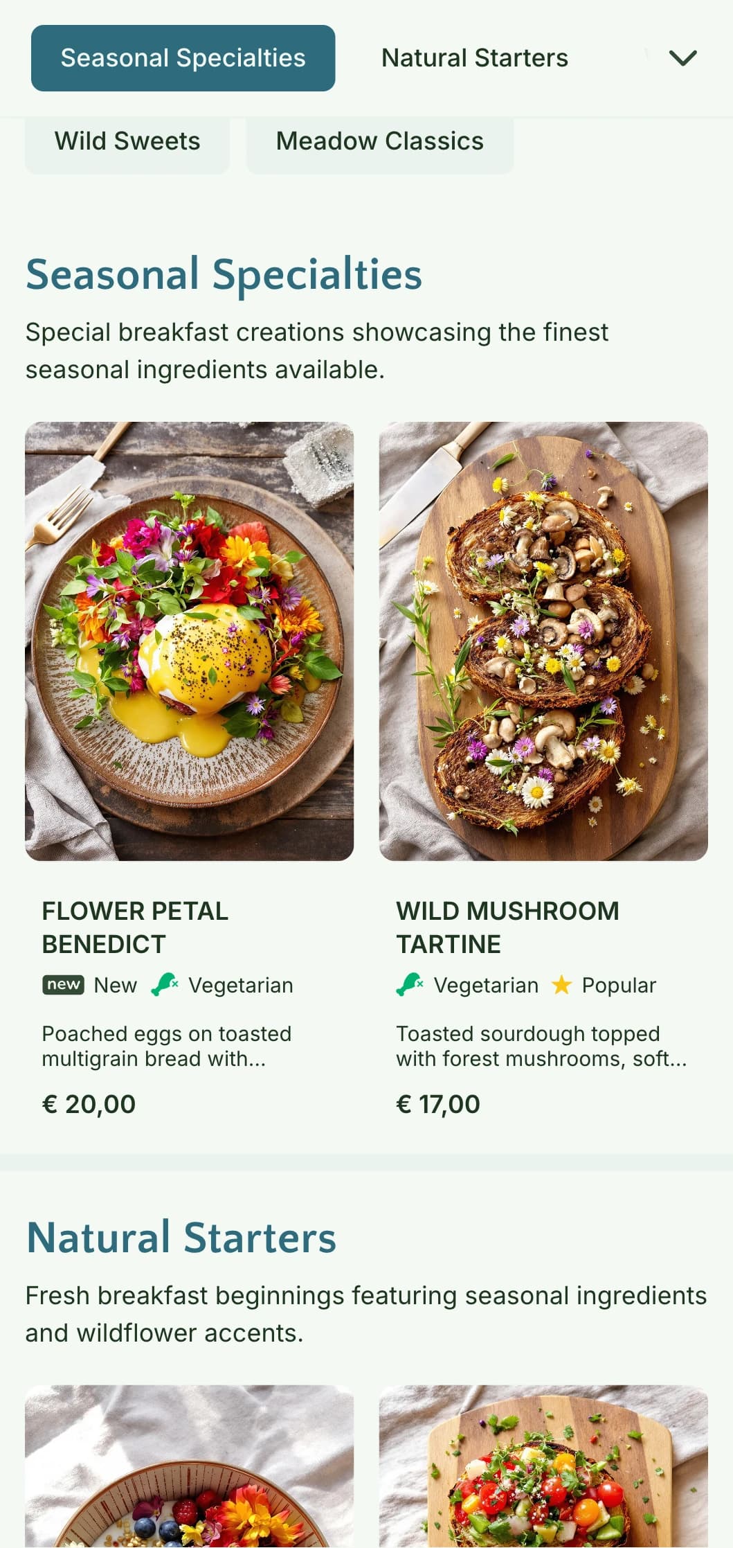 Nature-inspired morning fare featuring seasonal ingredients and organic presentation with botanical influences.