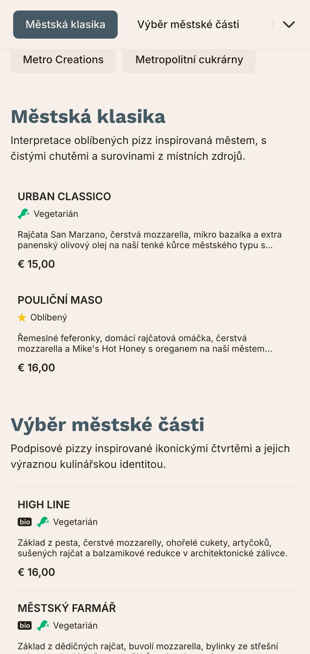 Městské pizza menu s čistými liniemi a moderním designem pro městské podniky.