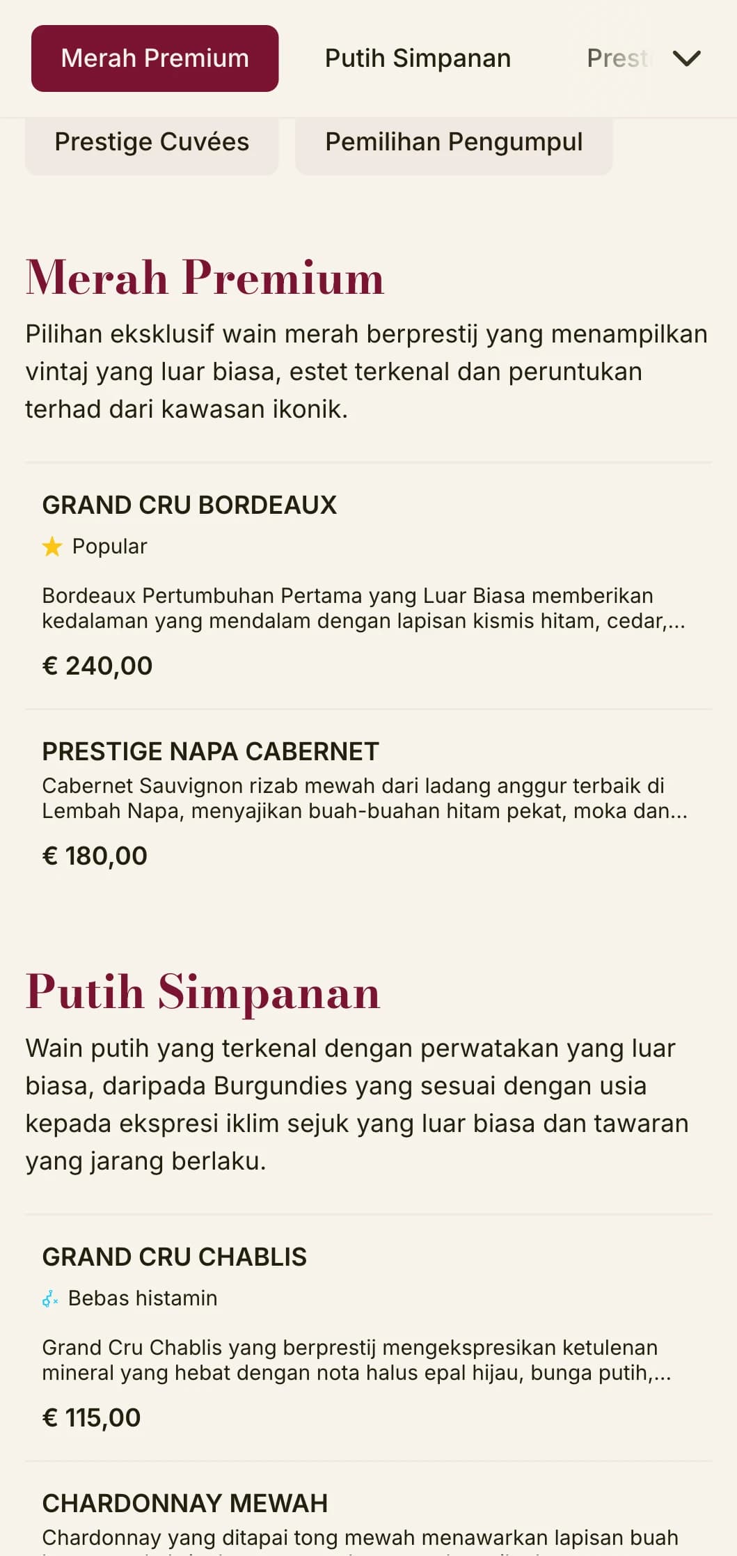 Templat senarai wain yang sangat mewah dengan aksen burgundy yang kaya dan tipografi yang canggih, sesuai untuk restoran stik premium dan bilik bawah tanah wain.